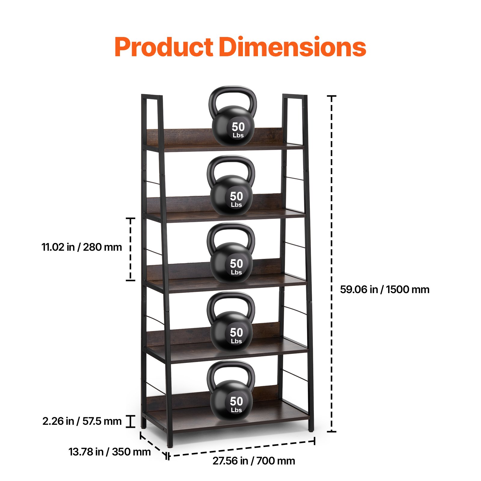 VEVOR Metal Bookshelf, 5-Tier Industrial Trapezoidal Bookshelf, Vintage Storage Bookshelf with Open Shelves, Freestanding Display Shelf, Storage Shelf 70x35x150cm