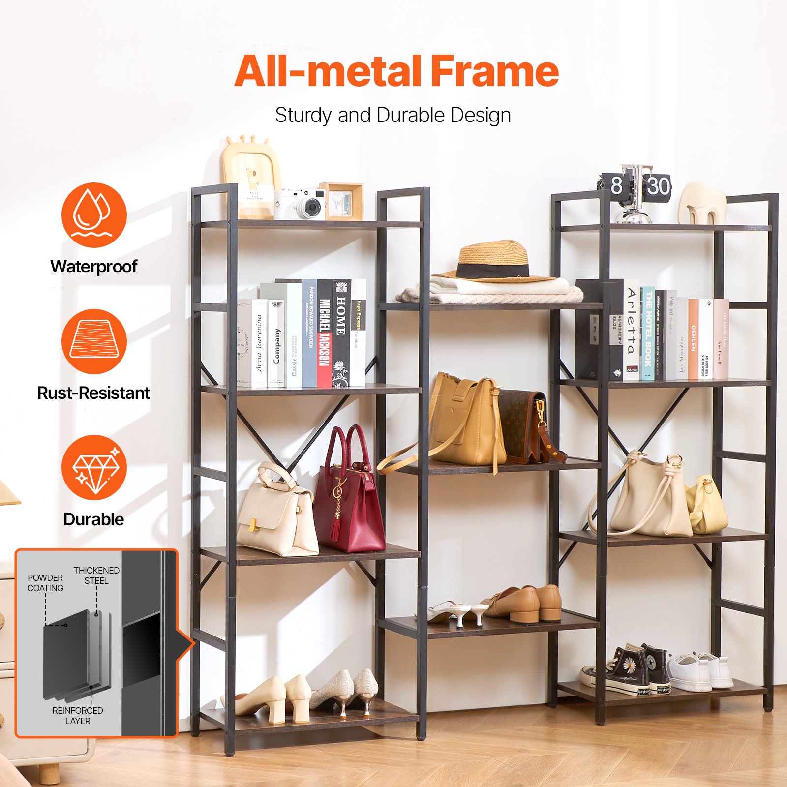 VEVOR Metal Bookshelf, 11-Tier Rectangular Industrial Bookshelf, Large Rustic Storage Shelf with Open Shelves, Freestanding Display Shelf, Storage Shelf, for Living Room