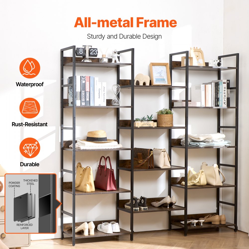 VEVOR Metal Bookshelf, 14-Tier Rectangular Industrial Bookshelf, Large Rustic Storage Shelf with Open Shelves, Freestanding Display Shelf, Storage Shelf, for Living Room