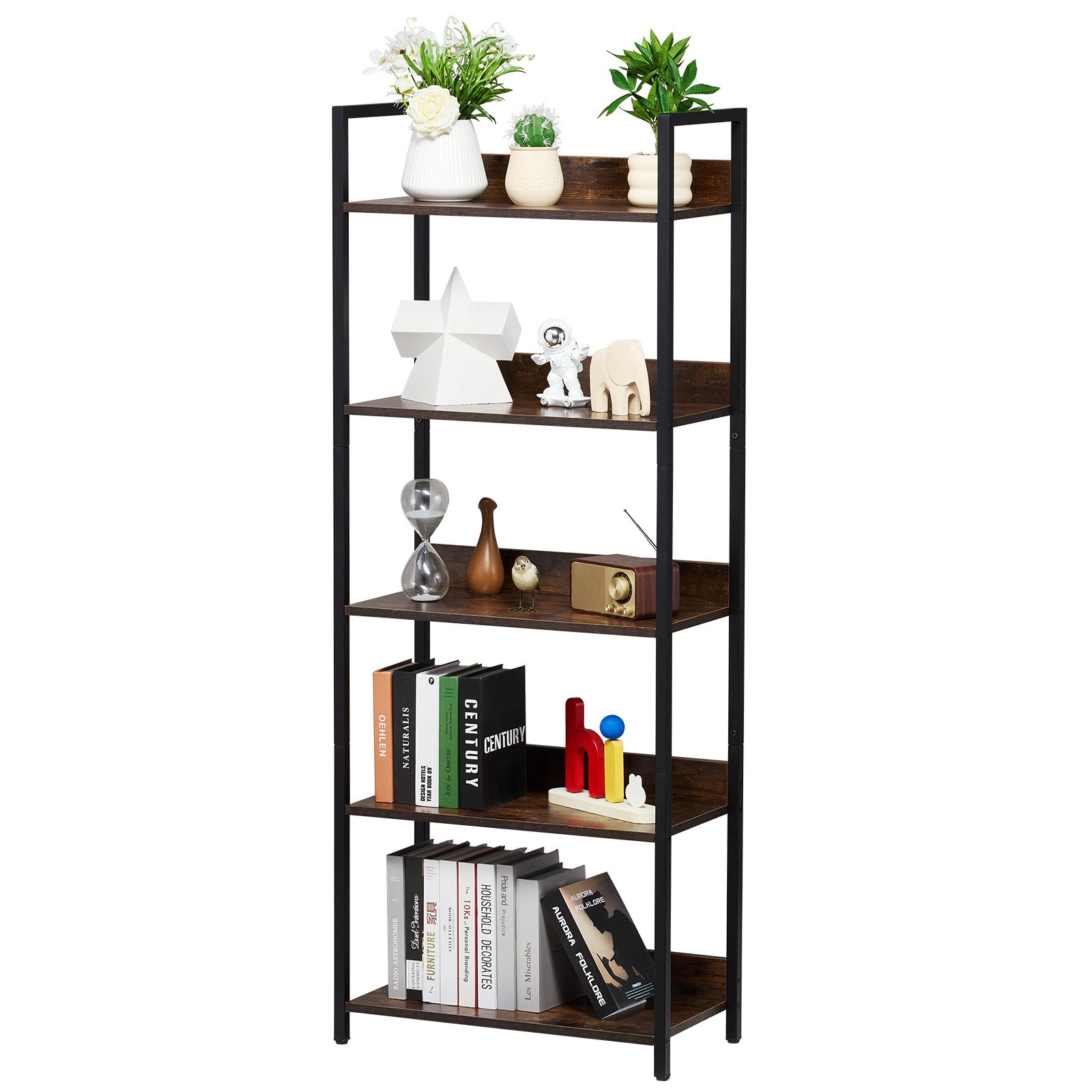 VEVOR Metal Bookshelf, 5-Tier Rectangular Industrial Bookshelf, Small Rustic Storage Shelf with Open Shelves, Freestanding Display Shelf, Storage Shelf, Bedroom
