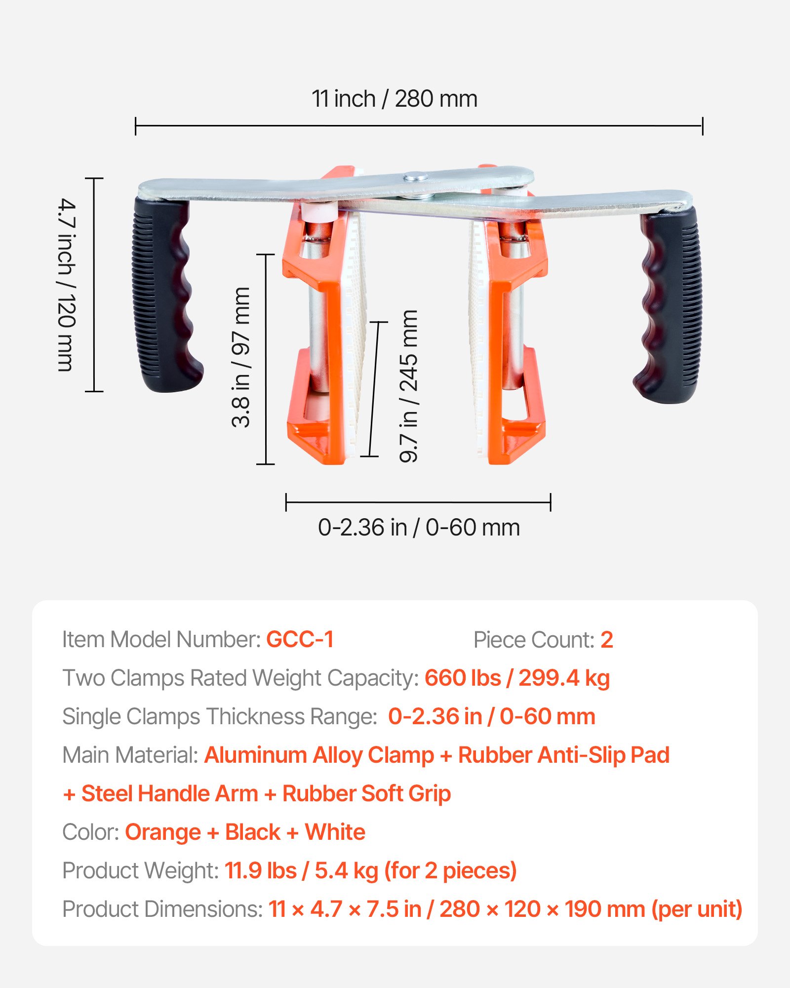 VEVOR Double Handed Stone Carrying Clamps, 299 kg Load Capacity, 2 Pack Granite Panel Carriers Lifting Tools with Rubber-lined (0-60 mm), Heavy Duty lifting Clamps for Plywood, Glass, Granite