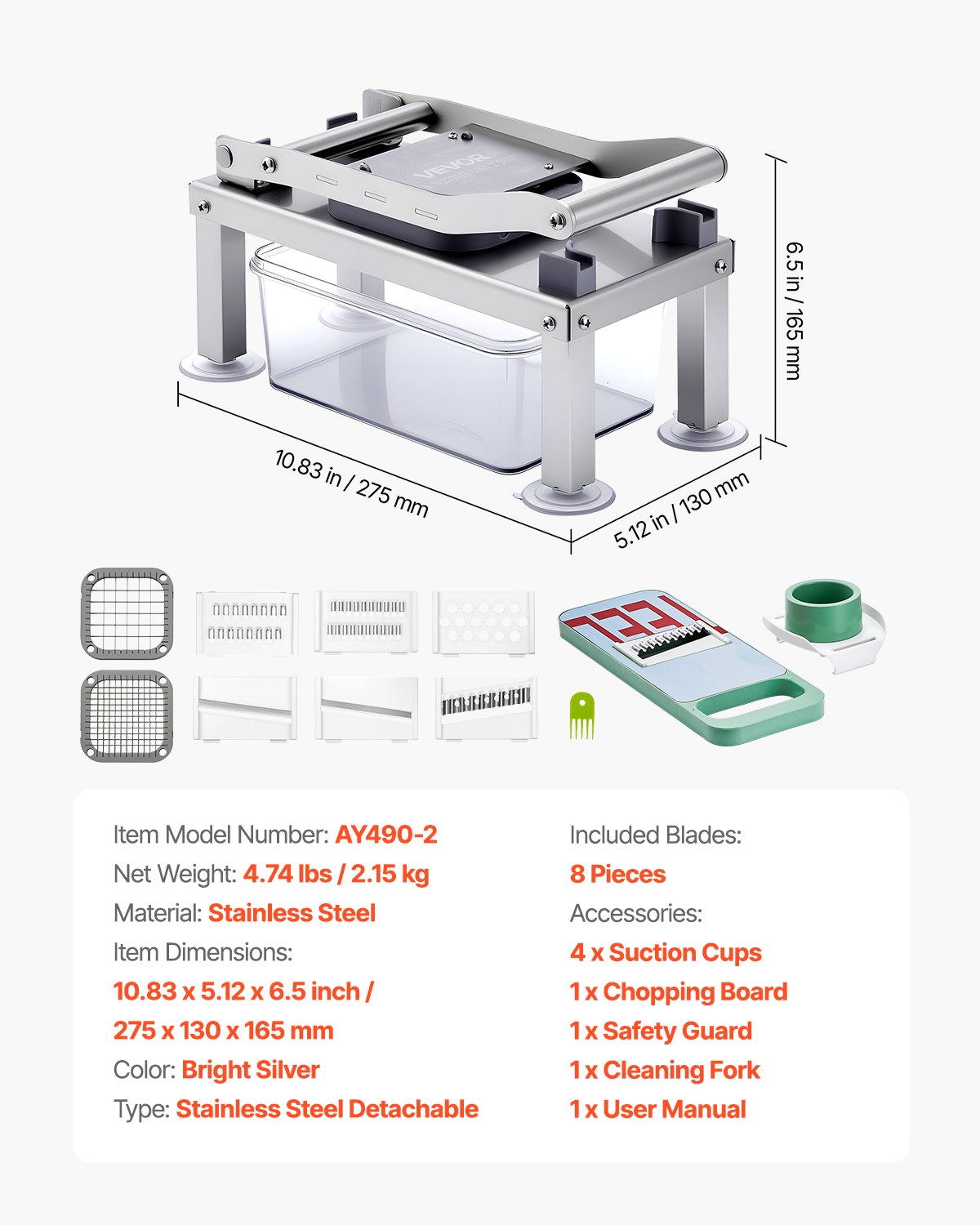 VEVOR Vegetable Slicer, Mandoline Slicer, All-in-1 Vegetable Slicer with 8 Stainless Steel Blades, Cheese Grater, Onion & Potato Salad Slicer with Container, Kitchen Helper & Essential Household Appliances