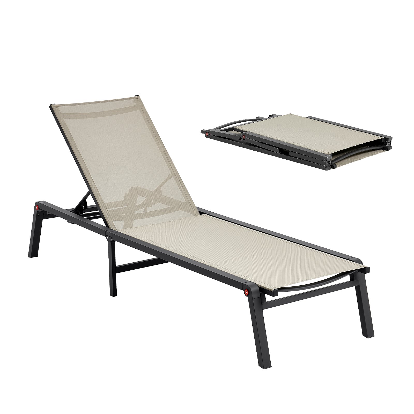 VEVOR Outdoor Chaise Lounge Chair, 181 kg Weight Capacity, Foldable Sun Tanning Chair, 5 Adjustable Positions, Easy Assembly, Heavy Duty Aluminum Pool Recliner Lounge Chairs, for Beach Yard Patio