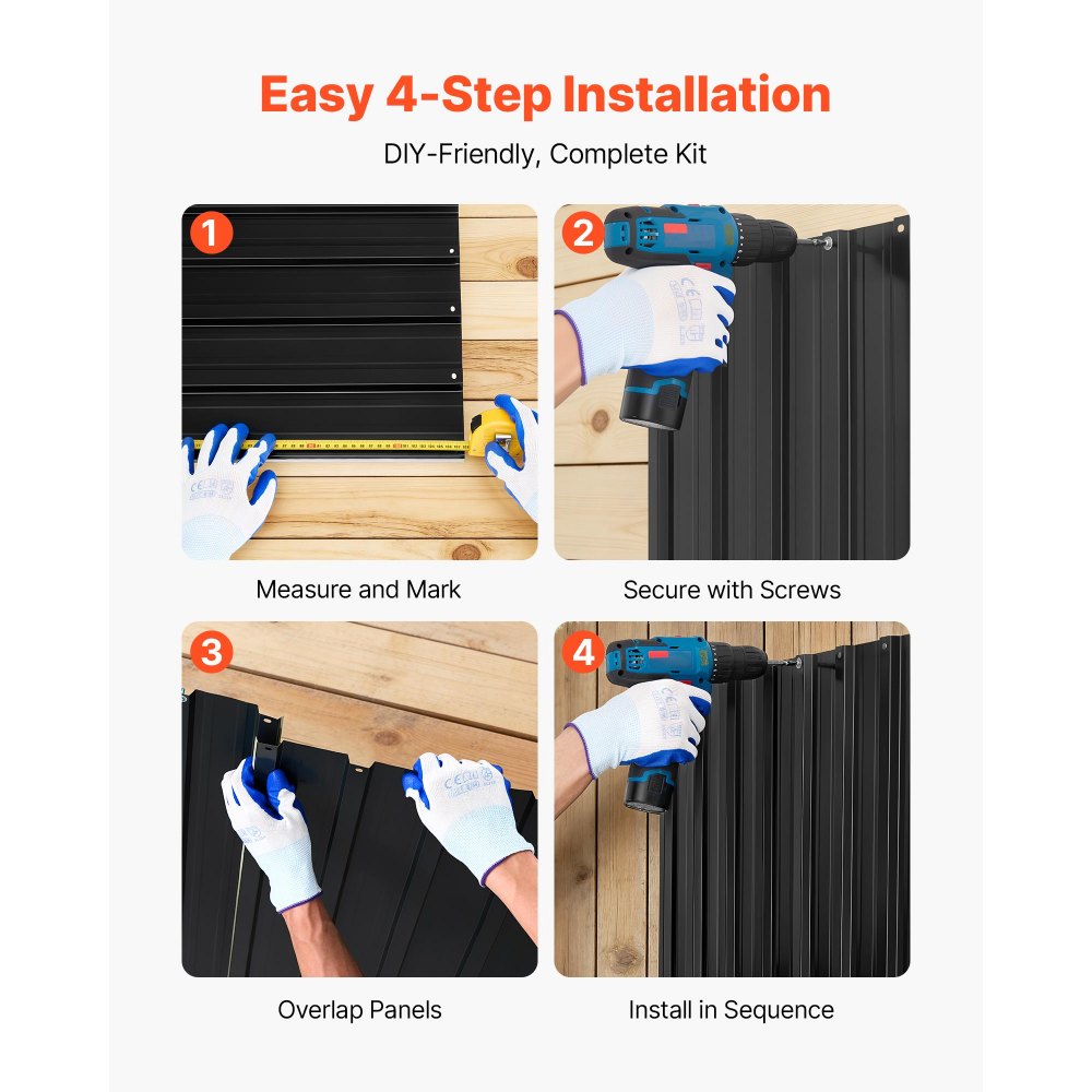 VEVOR Paneles de Techo 20 Piezas 1080 x 426 mm, Láminas Metálicas de Acero Galvanizado, Chapa Ondulada Resistente a la Intemperie con Guantes, Kit de Tornillos, para Cobertizo Garaje y Granero, Negro