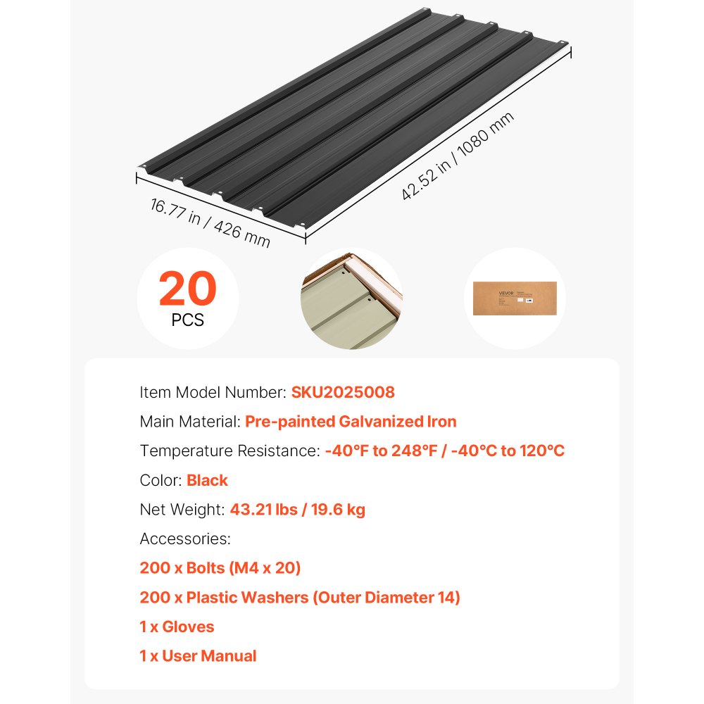 VEVOR Paneles de Techo 20 Piezas 1080 x 426 mm, Láminas Metálicas de Acero Galvanizado, Chapa Ondulada Resistente a la Intemperie con Guantes, Kit de Tornillos, para Cobertizo Garaje y Granero, Negro