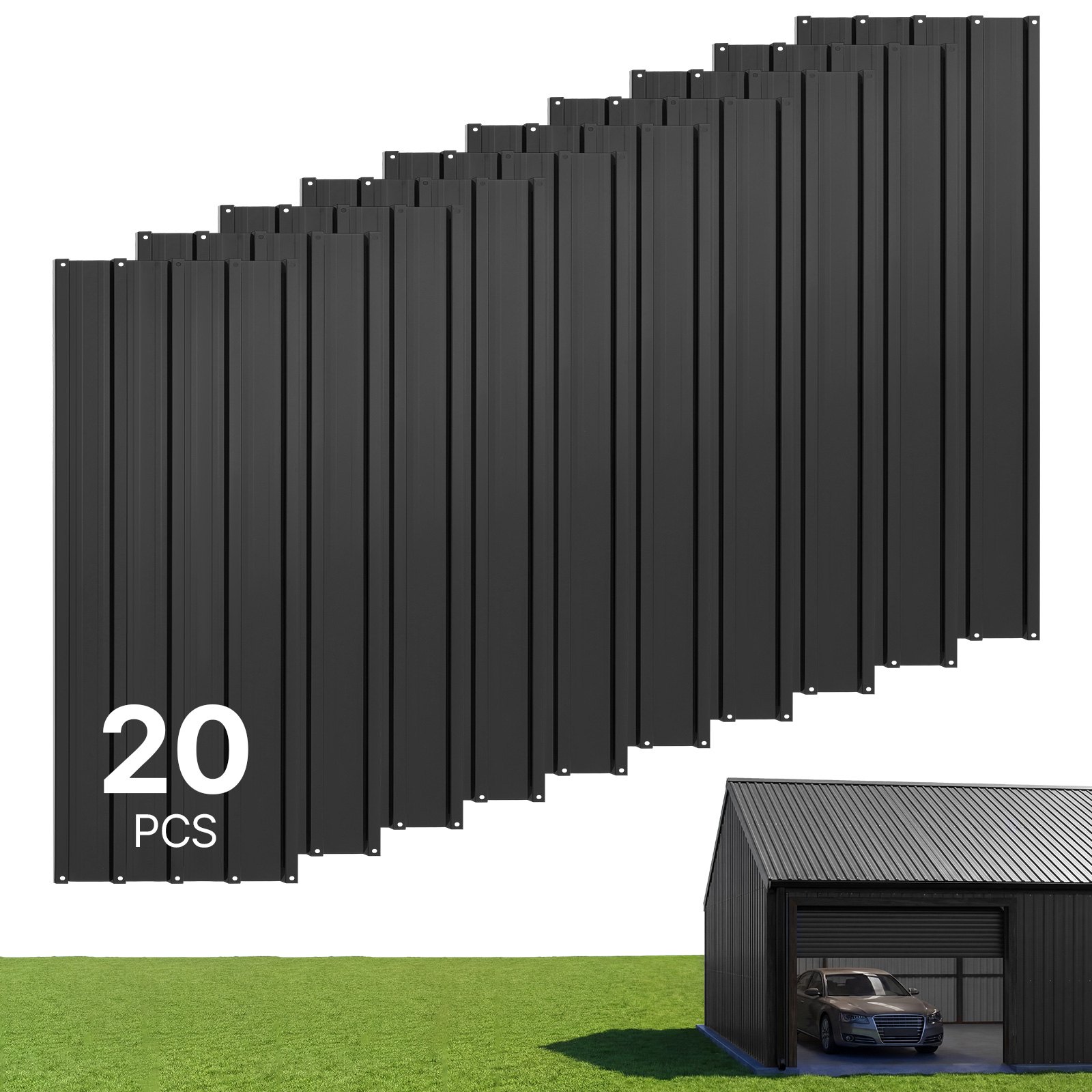 VEVOR Paneles de Techo 20 Piezas 1080 x 426 mm, Láminas Metálicas de Acero Galvanizado, Chapa Ondulada Resistente a la Intemperie con Guantes, Kit de Tornillos, para Cobertizo Garaje y Granero, Negro
