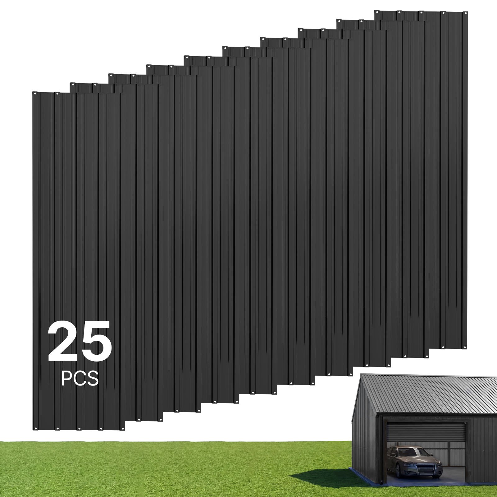 VEVOR Paneles de Techo 25 Piezas 1540 x 426 mm, Láminas Metálicas de Acero Galvanizado, Resistente a la Intemperie, Chapa Ondulada con Guantes, Kit de Tornillos, para Cobertizo Garaje y Granero, Negro