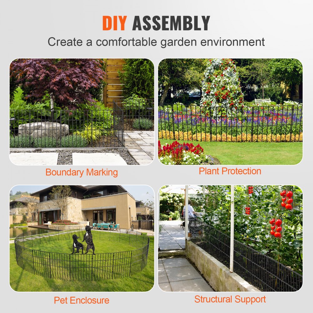 VEVOR Valla Metálica de Jardín 44x33 cm Valla de Metal Exterior 10 Vallas sin Excavación de Acero al Carbono 20 Clips Valla Decorativa para Jardín Espaciado de Picos 3,81 cm para Animales Patio, Negro