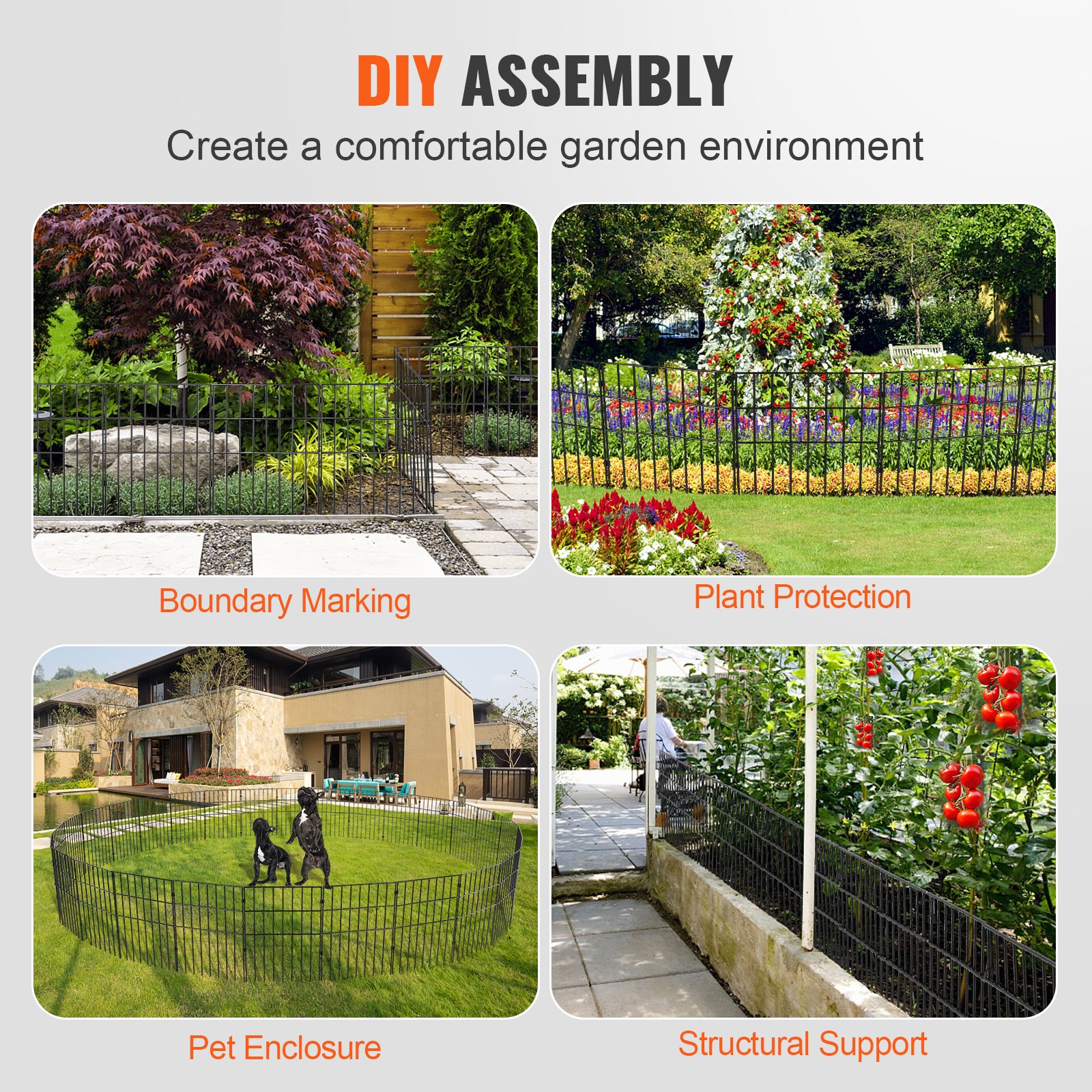 VEVOR Valla Metálica de Jardín 44x33 cm Valla de Metal Exterior 10 Vallas sin Excavación de Acero al Carbono 20 Clips Valla Decorativa para Jardín Espaciado de Picos 3,81 cm para Animales Patio, Negro