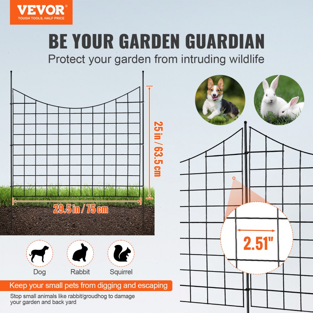 VEVOR Valla Metálica de Jardín 93x75 cm Valla de Metal Exterior 5 Vallas sin Excavación de Acero al Carbono Valla Decorativa para Jardín Distancia entre Púas de 6,38 cm para Animales Patio, Negro