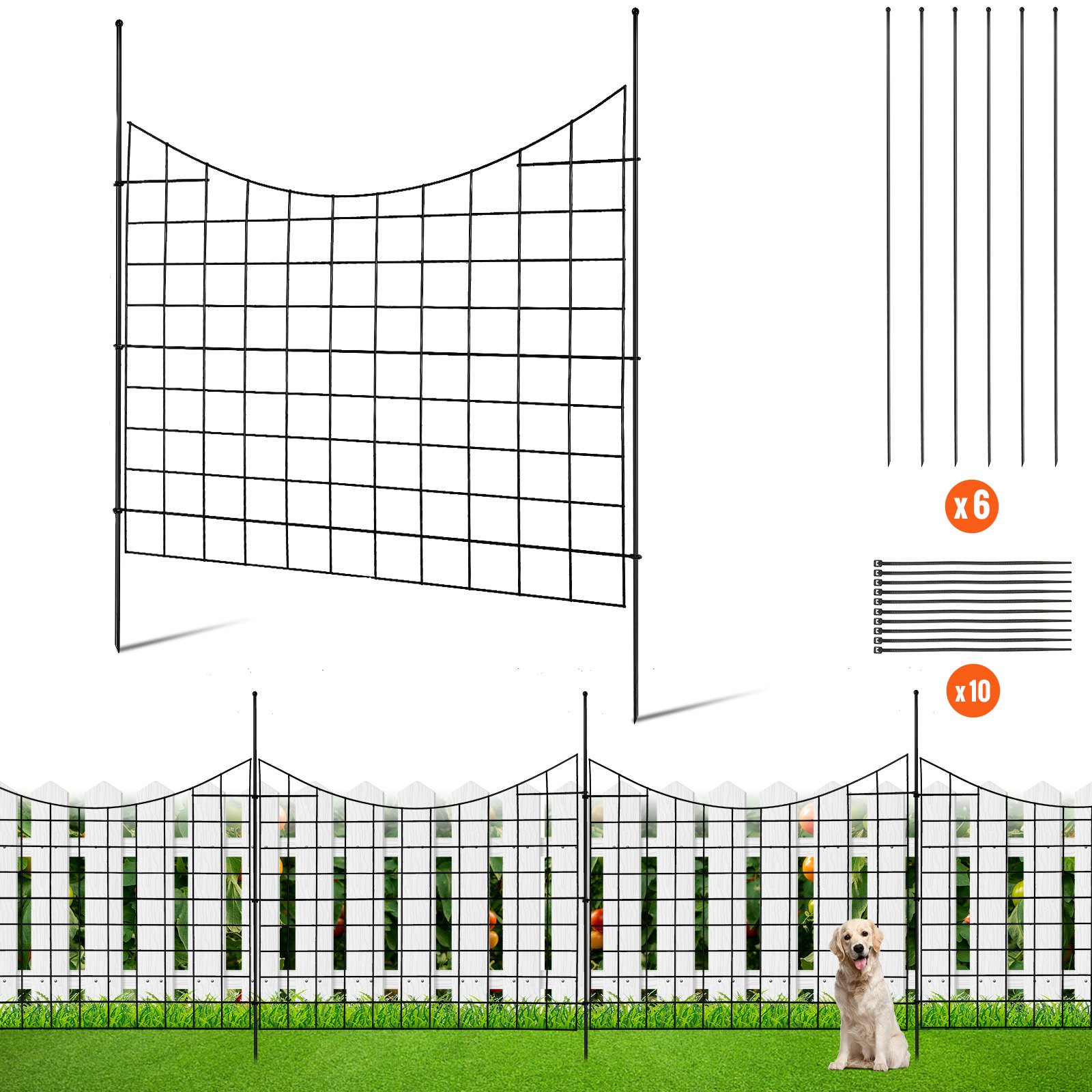 VEVOR Valla Metálica de Jardín 93x75 cm Valla de Metal Exterior 5 Vallas sin Excavación de Acero al Carbono Valla Decorativa para Jardín Distancia entre Púas de 6,38 cm para Animales Patio, Negro