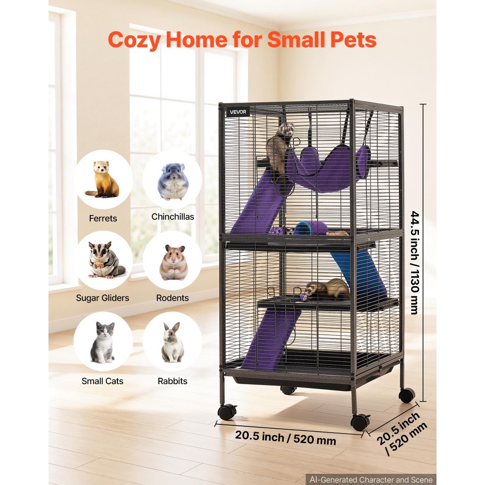 VEVOR Jaula para Animales Pequeños 4 Niveles 113 cm Jaula para Hurones, Caseta para Conejos Gatitos Chinchillas Roedores, con Rampas Hamaca Plataformas Bandeja Extraíble y Puertas, Marco de Metal
