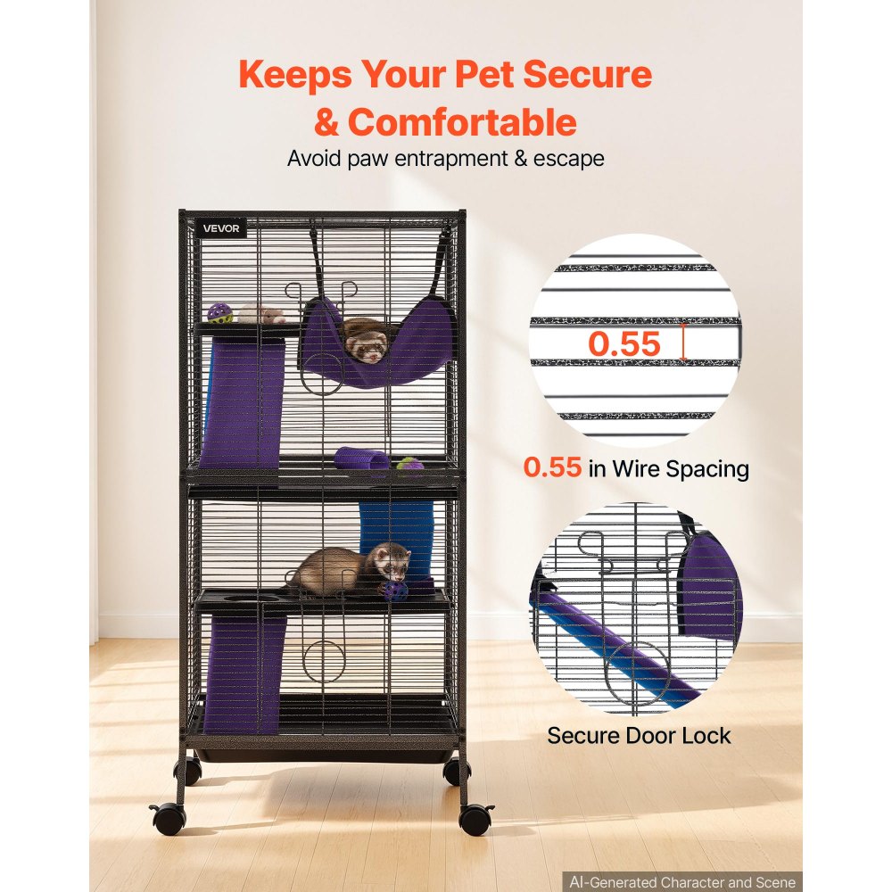 VEVOR Jaula para Animales Pequeños 4 Niveles 113 cm Jaula para Hurones, Caseta para Conejos Gatitos Chinchillas Roedores, con Rampas Hamaca Plataformas Bandeja Extraíble y Puertas, Marco de Metal