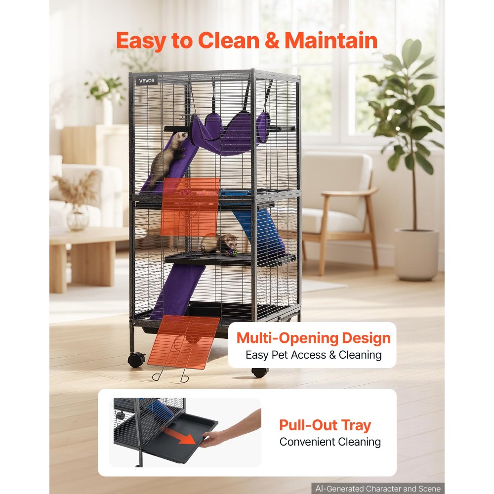 VEVOR Jaula para Animales Pequeños 4 Niveles 113 cm Jaula para Hurones, Caseta para Conejos Gatitos Chinchillas Roedores, con Rampas Hamaca Plataformas Bandeja Extraíble y Puertas, Marco de Metal