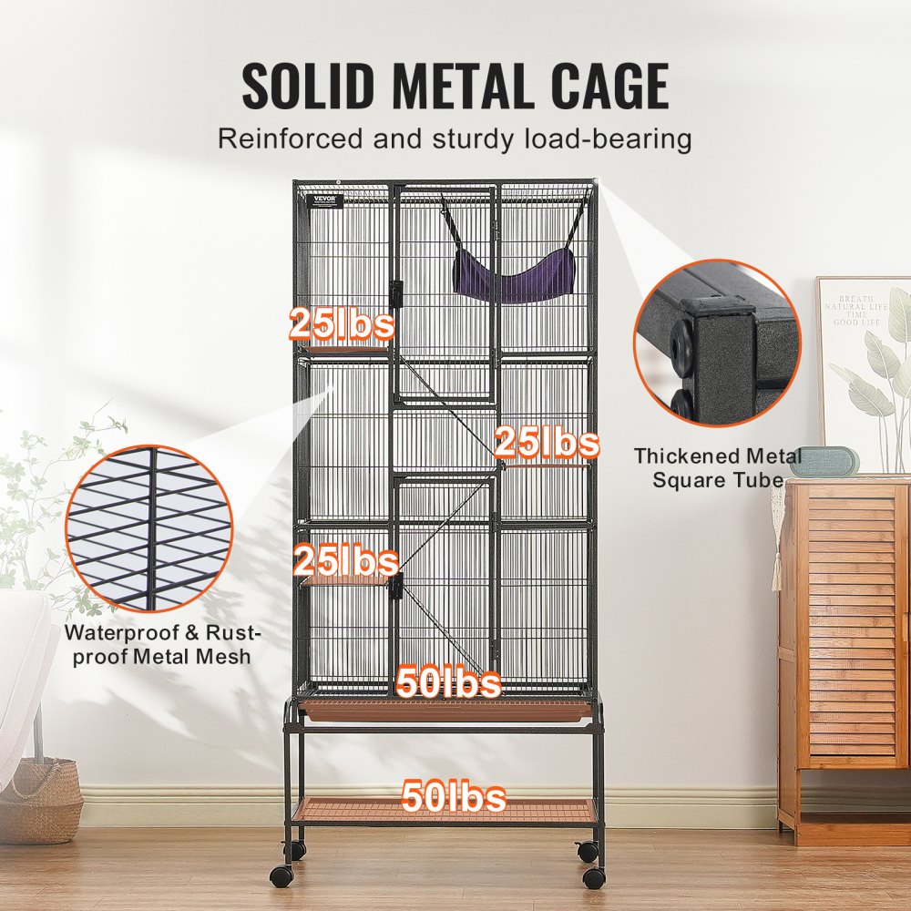 VEVOR 69" Rolling Metal Ferret Cage, Large 4-Story Critter Nation Cage, Small Animal Cage with Ramps and Tray, Easy to Assemble for Pet Rats, Hamsters, Guinea Pigs, Chinchillas, Squirrels, Hedgehogs, Rabbits