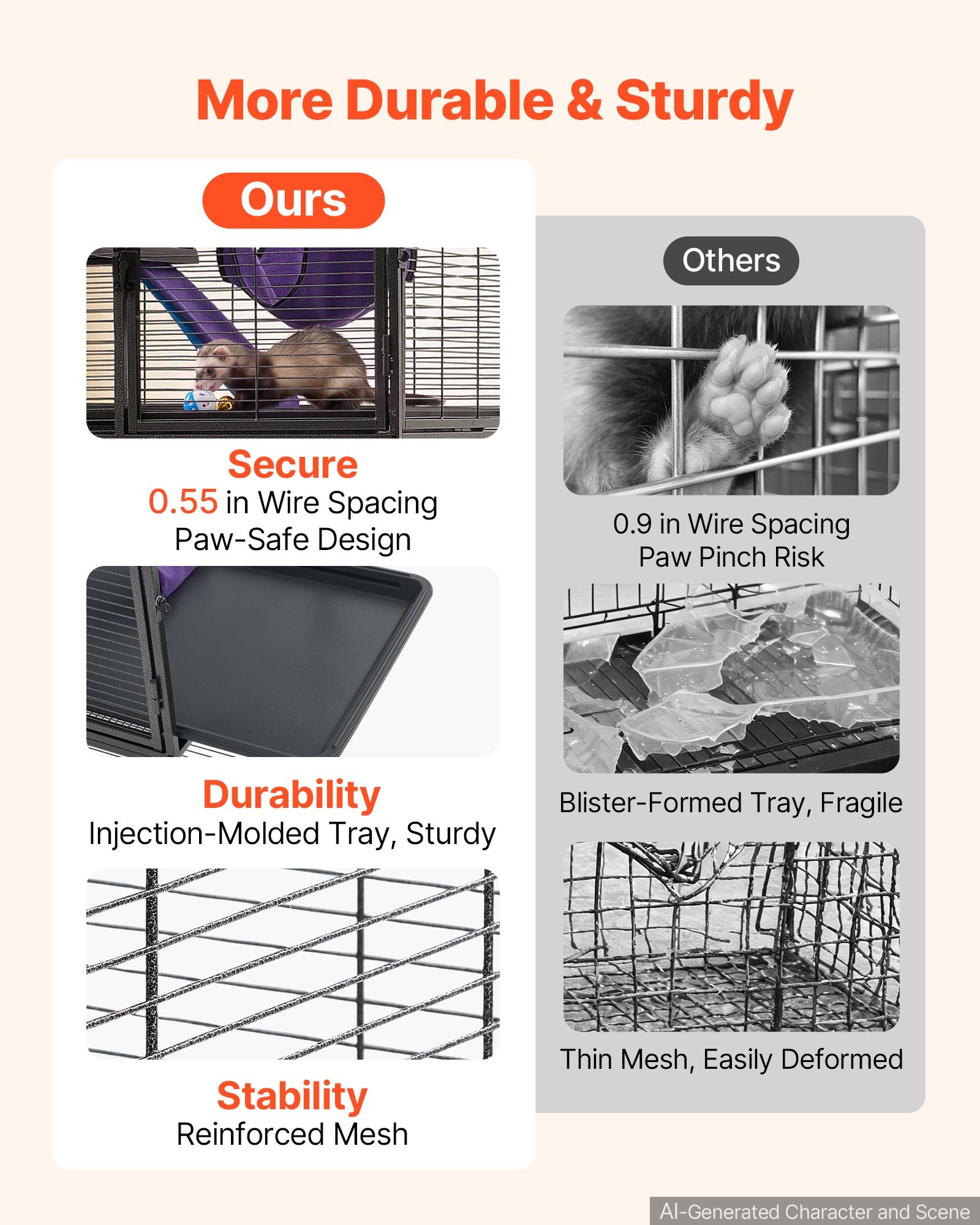 VEVOR Jaula para Animales Pequeños 4 Niveles Jaula con Ruedas Alto 130 cm, Parque de Metal para Hurones Conejos Gatitos Chinchillas Roedores, con Hamaca Rampas Plataformas Puertas y Bandeja Extraíble