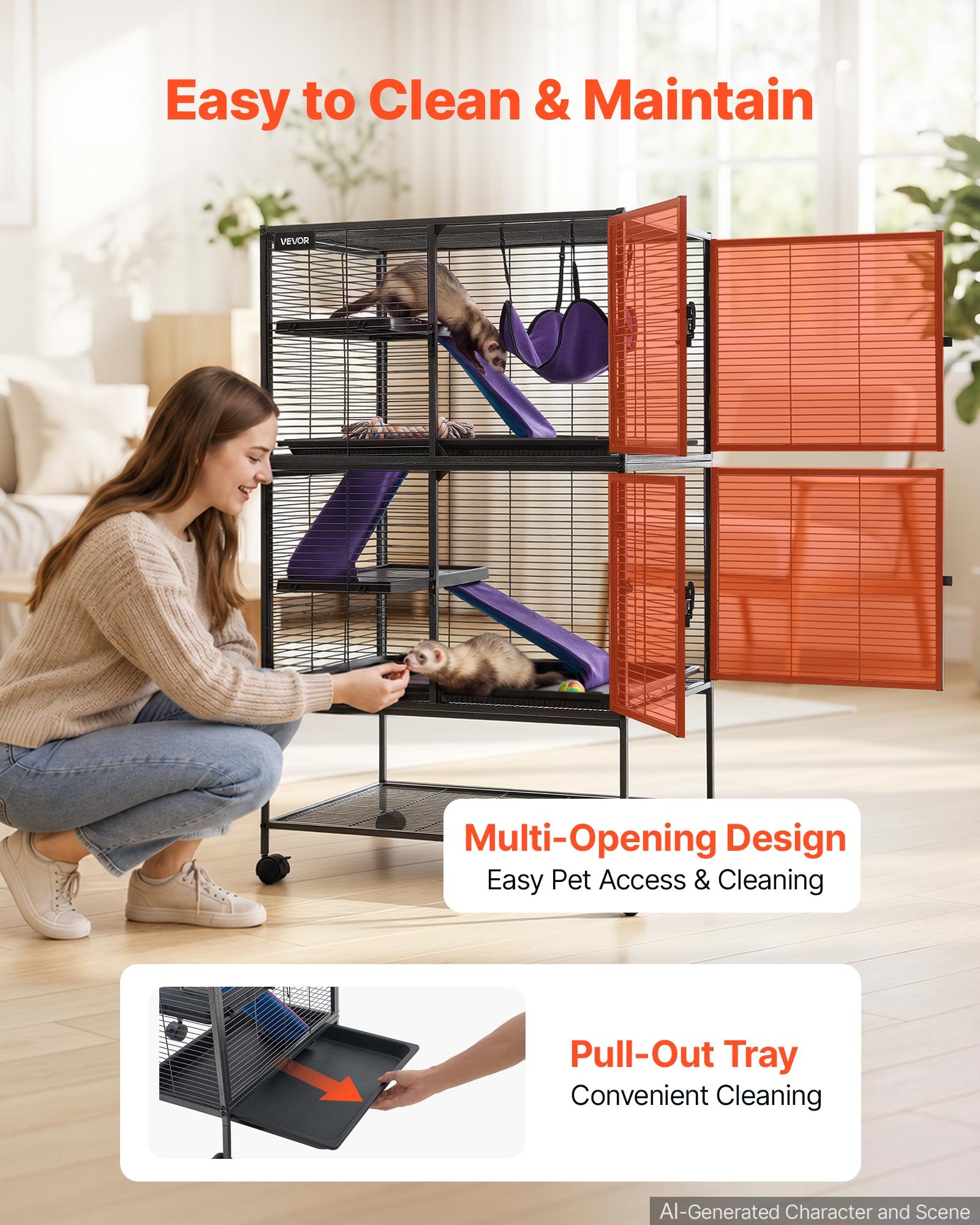 VEVOR Jaula para Animales Pequeños 4 Niveles Jaula con Ruedas Alto 130 cm, Parque de Metal para Hurones Conejos Gatitos Chinchillas Roedores, con Hamaca Rampas Plataformas Puertas y Bandeja Extraíble