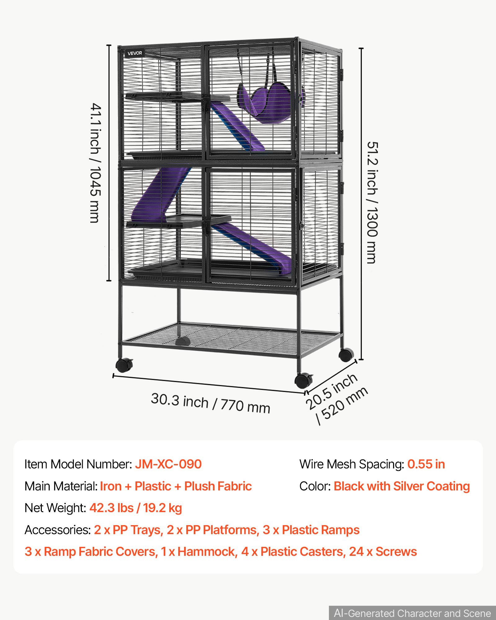 VEVOR Jaula para Animales Pequeños 4 Niveles Jaula con Ruedas Alto 130 cm, Parque de Metal para Hurones Conejos Gatitos Chinchillas Roedores, con Hamaca Rampas Plataformas Puertas y Bandeja Extraíble