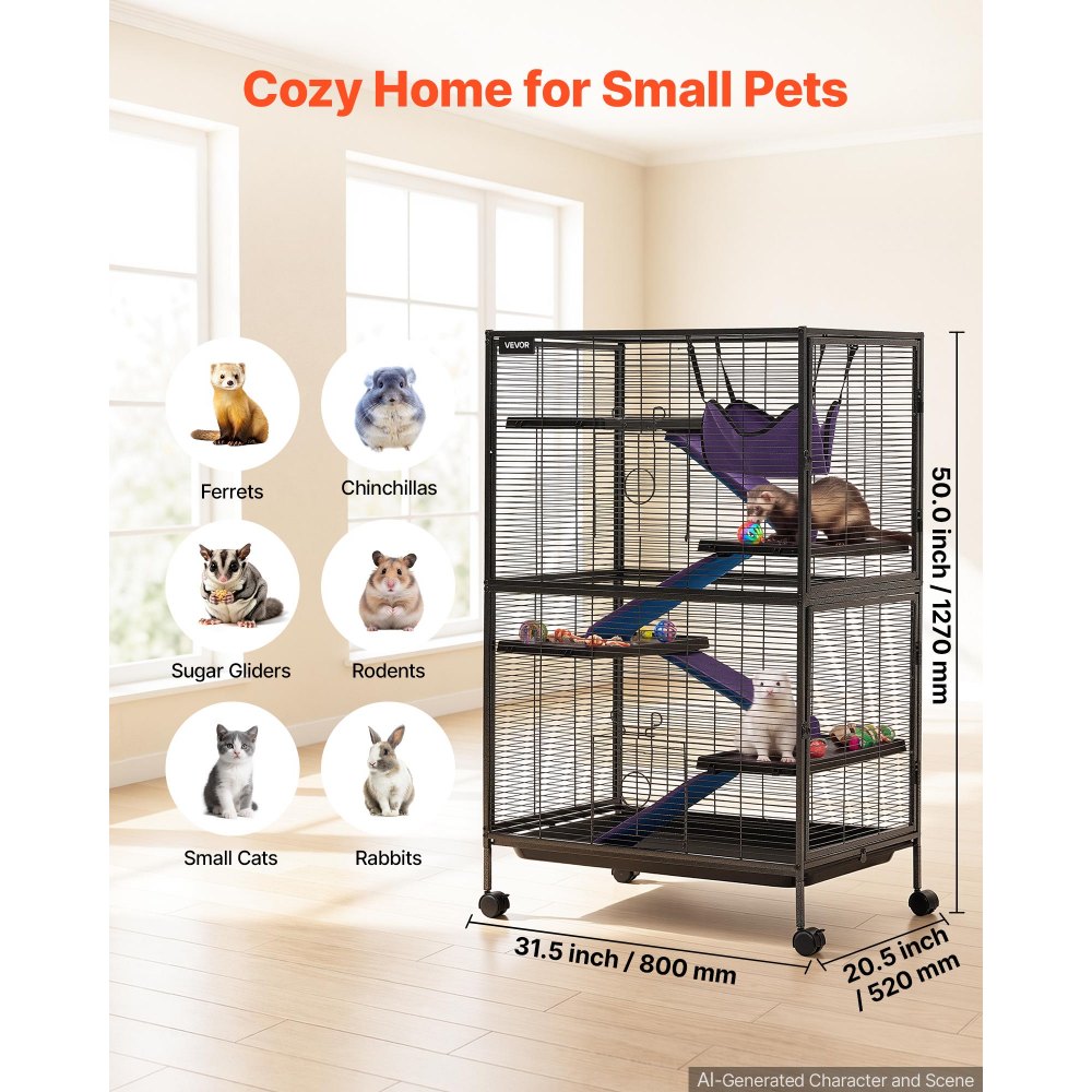 VEVOR Jaula para Animales Pequeños 5 Niveles Jaula de Metal con Ruedas, Parque para Hurones Roedores Conejos Gatitos Chinchillas, con Hamaca Rampas Plataforma Bandeja y Puertas, Kit de Instalación