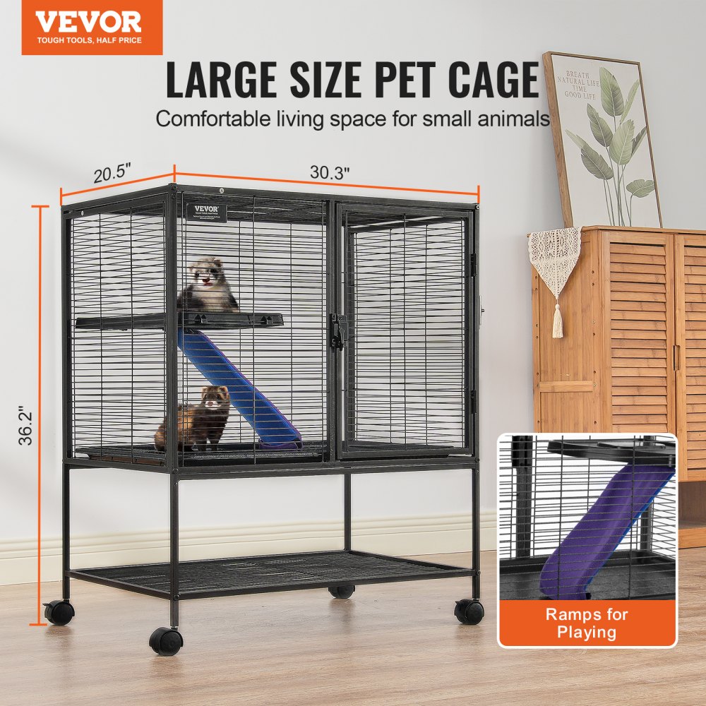 VEVOR 36" Rolling Metal Ferret Cage, Large 2-Story Critter Nation Cage, Small Animal Cage with Ramps and Tray, Easy to Assemble for Pet Rats, Hamsters, Guinea Pigs, Chinchillas, Squirrels, Hedgehogs, Rabbits