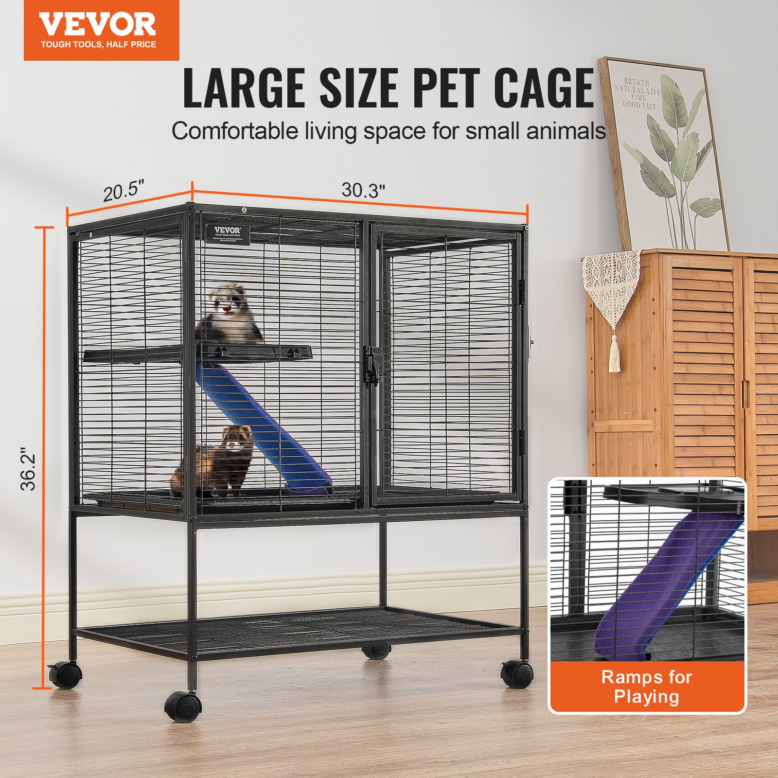 VEVOR Jaula para Hurones de Metal con Ruedas 920 mm Jaula para Animales Pequeños de 2 Niveles con Rampa y Bandeja para Ratas, Hámster, Conejillo de Indias, Chinchilla, Ardilla, Erizo, Conejo