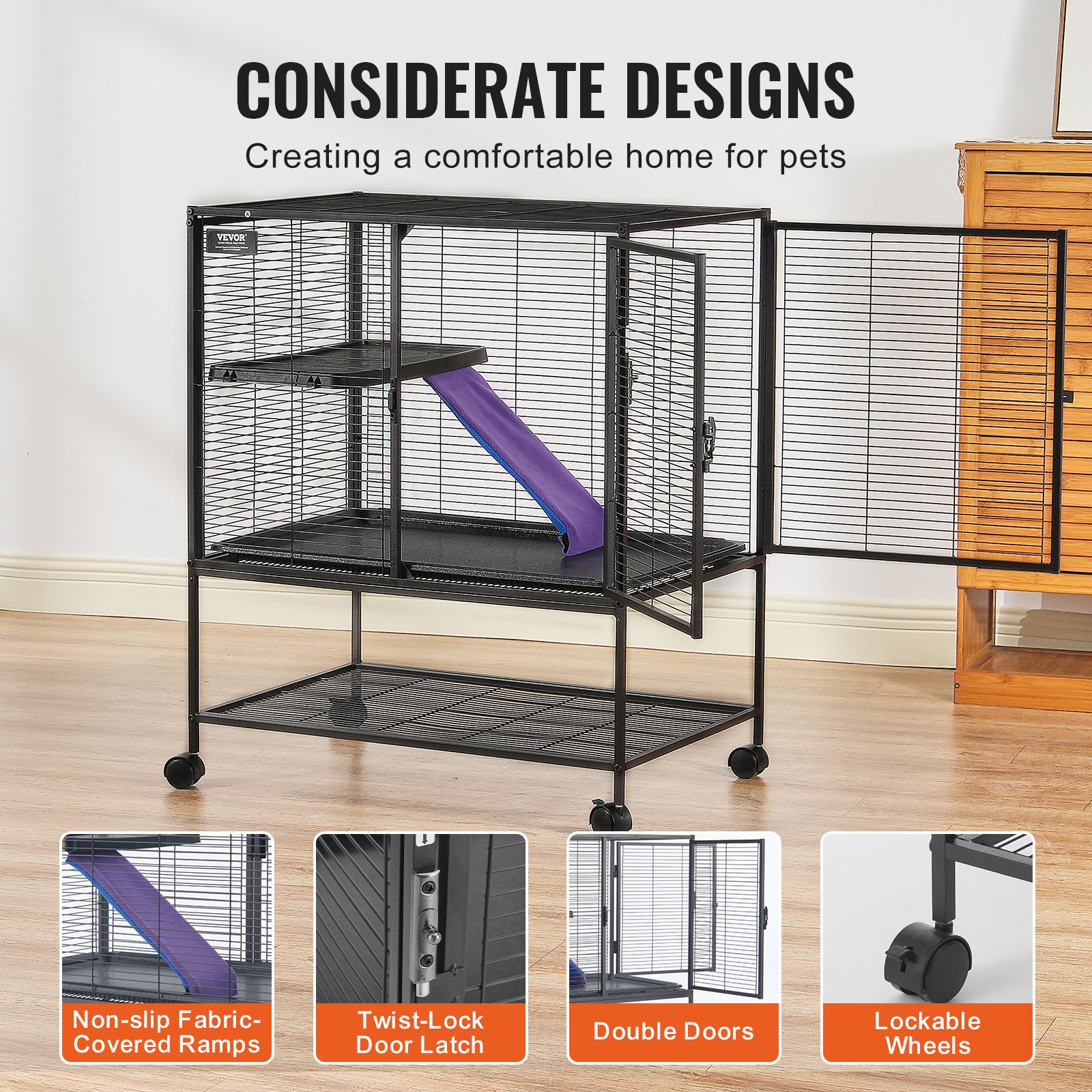 VEVOR Jaula para Hurones de Metal con Ruedas 920 mm Jaula para Animales Pequeños de 2 Niveles con Rampa y Bandeja para Ratas, Hámster, Conejillo de Indias, Chinchilla, Ardilla, Erizo, Conejo
