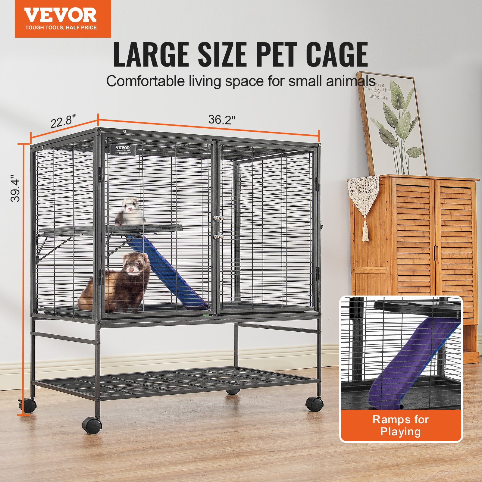 VEVOR Jaula para Hurones de Metal con Ruedas 1000 mm Jaula para Animales Pequeños de 2 Niveles con Rampa y Bandeja para Ratas, Hámster, Conejillo de Indias, Chinchilla, Ardilla, Erizo, Conejo