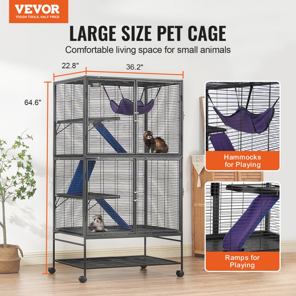 VEVOR Jaula para Hurones de Metal con Ruedas 1640 mm Jaula para Animales Pequeños de 4 Niveles con Rampa y Bandeja para Ratas, Hámster, Conejillo de Indias, Chinchilla, Ardilla, Erizo, Conejo