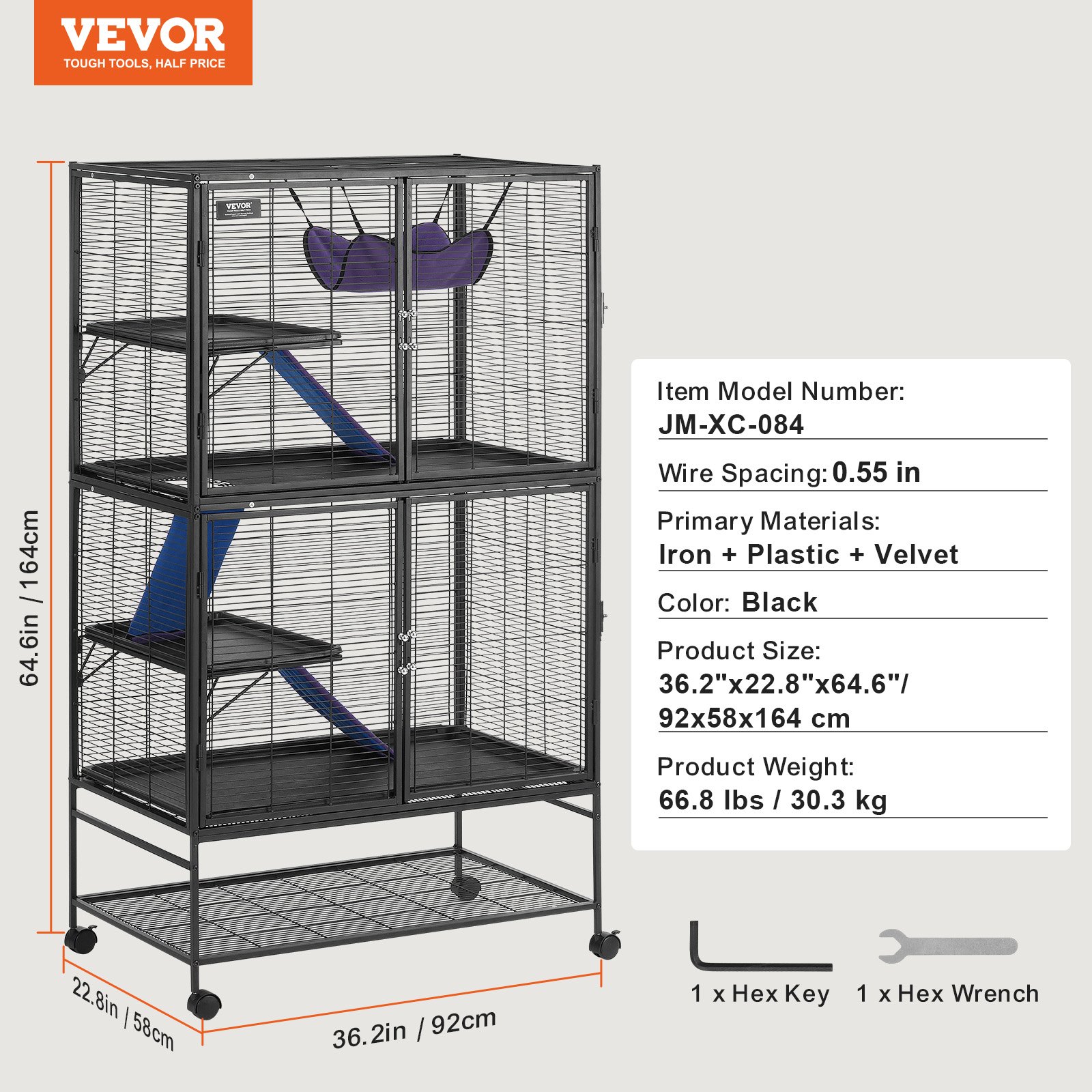 VEVOR Jaula para Hurones de Metal con Ruedas 1640 mm Jaula para Animales Pequeños de 4 Niveles con Rampa y Bandeja para Ratas, Hámster, Conejillo de Indias, Chinchilla, Ardilla, Erizo, Conejo