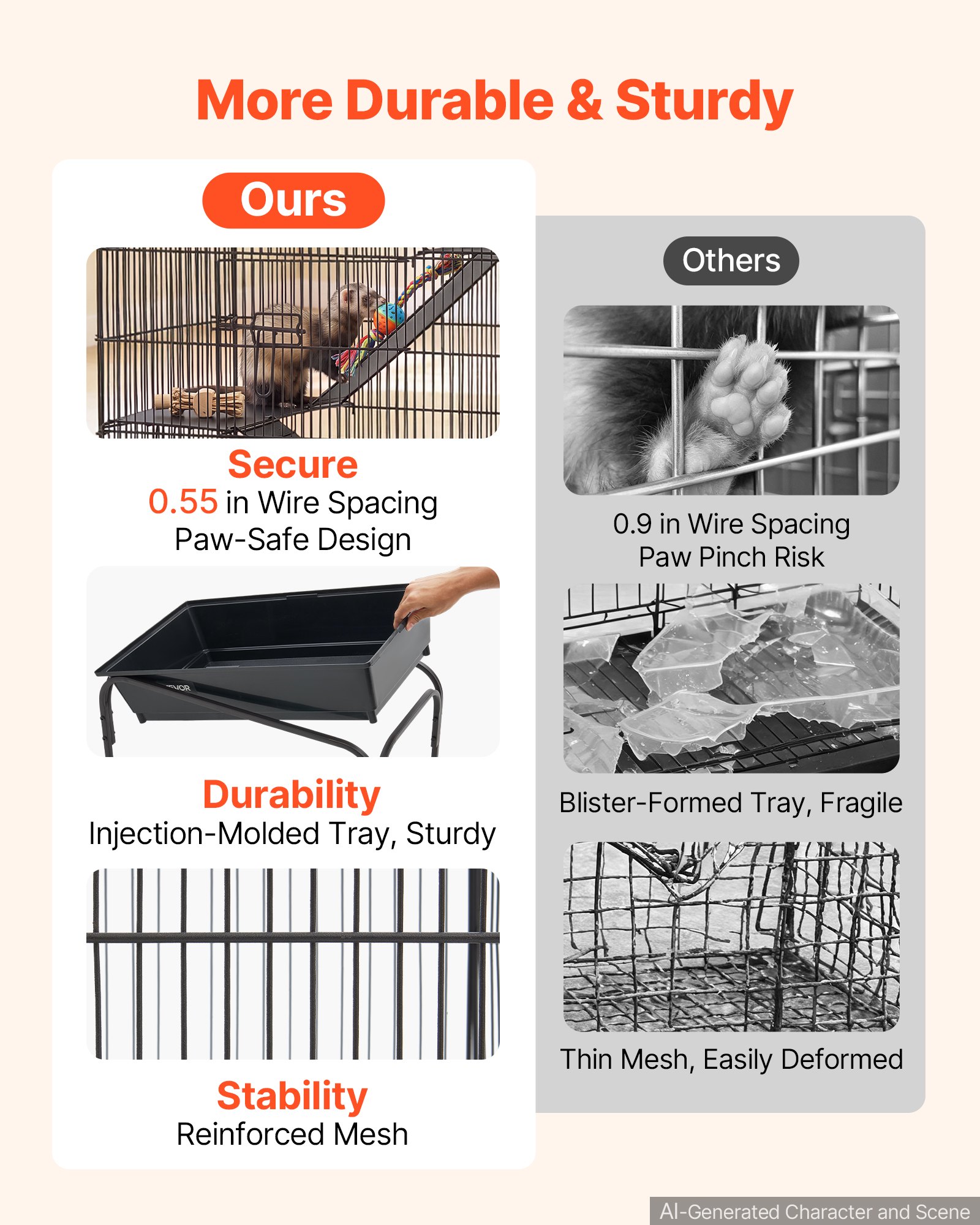 VEVOR Jaula para Animales Pequeños 3 Niveles Jaula para Hurones con Ruedas, Caseta de Alambre para Conejos Roedores Chinchillas Gatitos, con Hamaca Rampas Puertas Bandeja Extraíble, Kit de Instalación