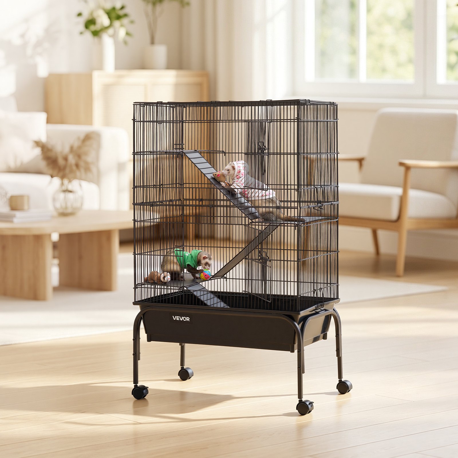 VEVOR Jaula para Animales Pequeños 3 Niveles Jaula para Hurones con Ruedas, Caseta de Alambre para Conejos Roedores Chinchillas Gatitos, con Hamaca Rampas Puertas Bandeja Extraíble, Kit de Instalación