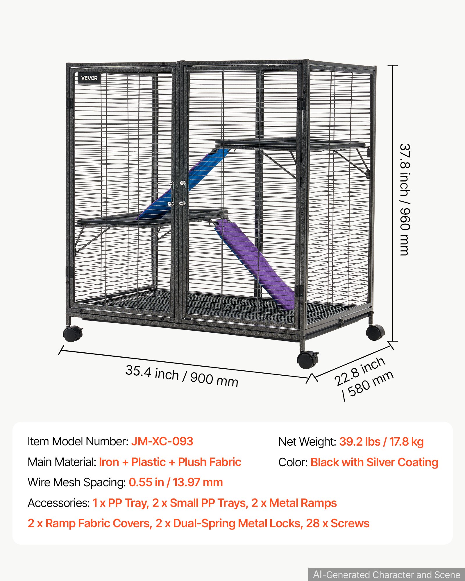 VEVOR Jaula para Animales Pequeños 3 Niveles Jaula para Roedores con Ruedas, Parque para Conejos Ratoncillos Hurones Chinchillas, con Rampas Plataformas Bandeja Extraíble Puertas, Estructura de Metal