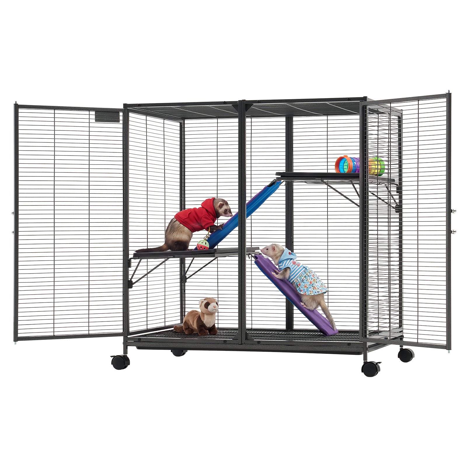 VEVOR Jaula para Animales Pequeños 3 Niveles Jaula para Roedores con Ruedas, Parque para Conejos Ratoncillos Hurones Chinchillas, con Rampas Plataformas Bandeja Extraíble Puertas, Estructura de Metal