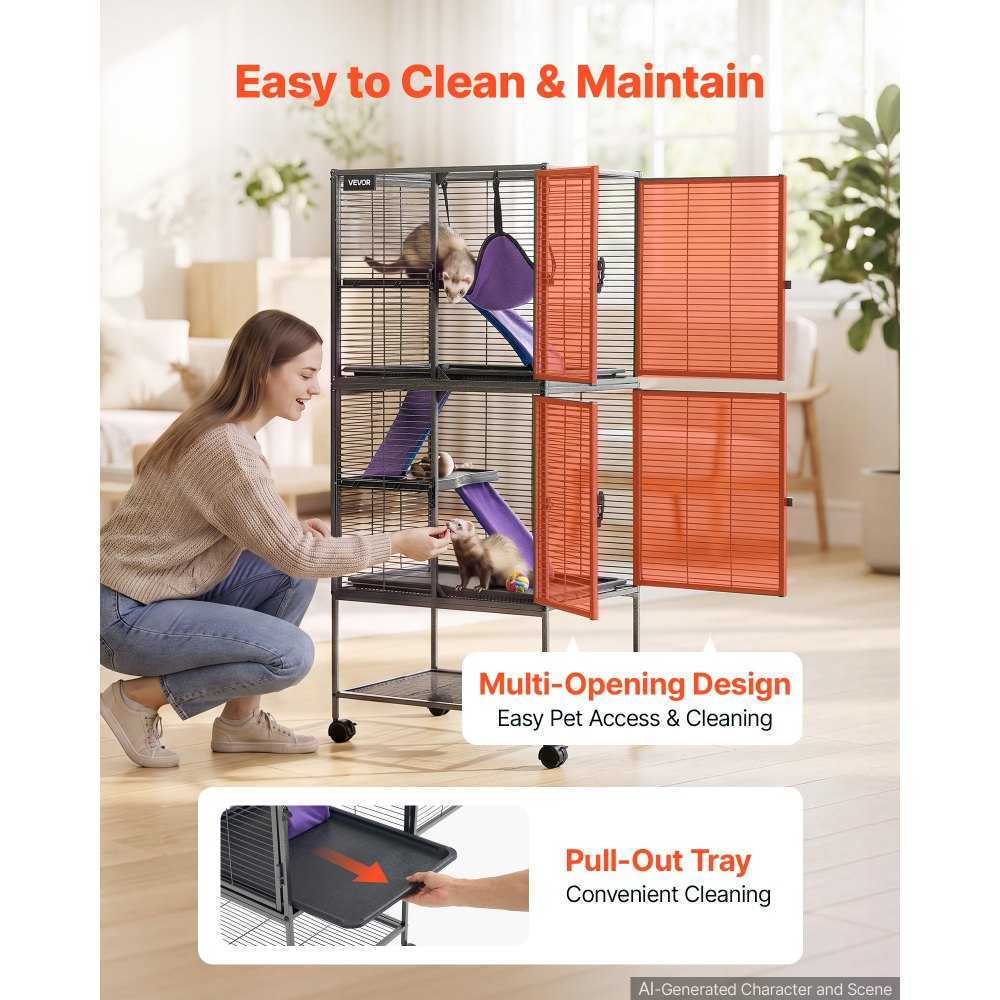 VEVOR Jaula para Animales Pequeños 4 Niveles Jaula para Hurones con Ruedas, Caseta de Alambre para Conejos Gatitos Chinchillas Roedores, con Rampas Hamaca Bandeja Extraíble y Puertas, Marco de Metal