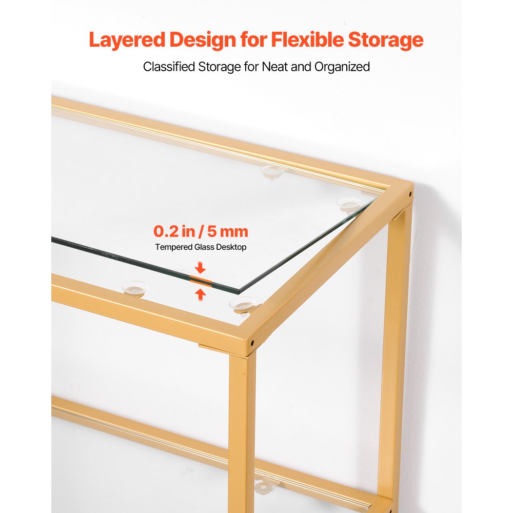 VEVOR Mesa Consola de Vidrio 3 Niveles 100 x 30 x 72,9 cm Mesa Auxiliar Rectangular para Sofá con Tablero de Vidrio Templado, Patas de Hierro para Sala de estar, Pasillo, Entrada, Recibidor, Dorado