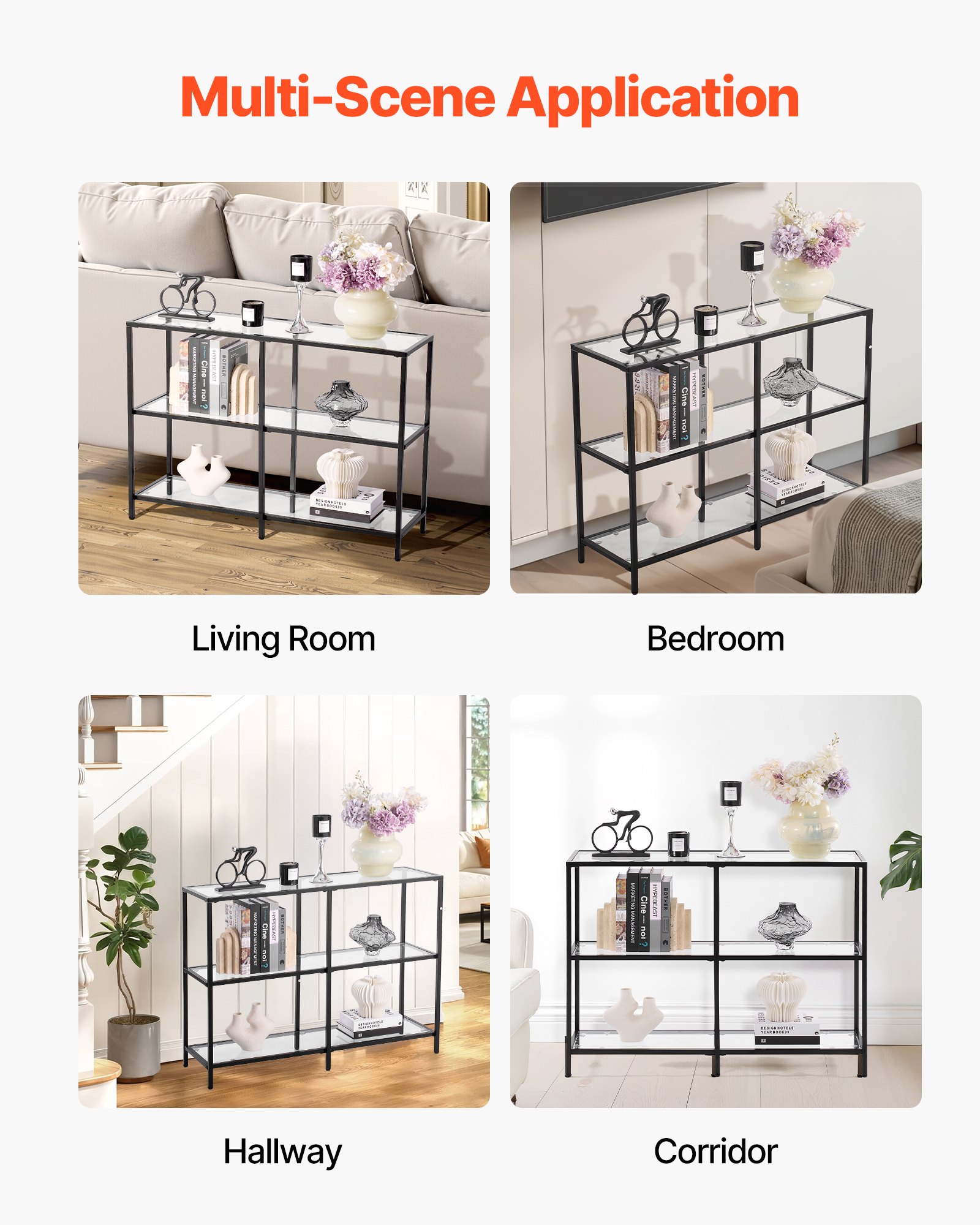 VEVOR Mesa Consola de Vidrio 3 Niveles 100 x 30 x 72,9 cm Mesa Auxiliar Rectangular para Sofá con Tablero de Vidrio Templado, Patas de Hierro para Sala de estar, Pasillo, Entrada, Recibidor, Negro