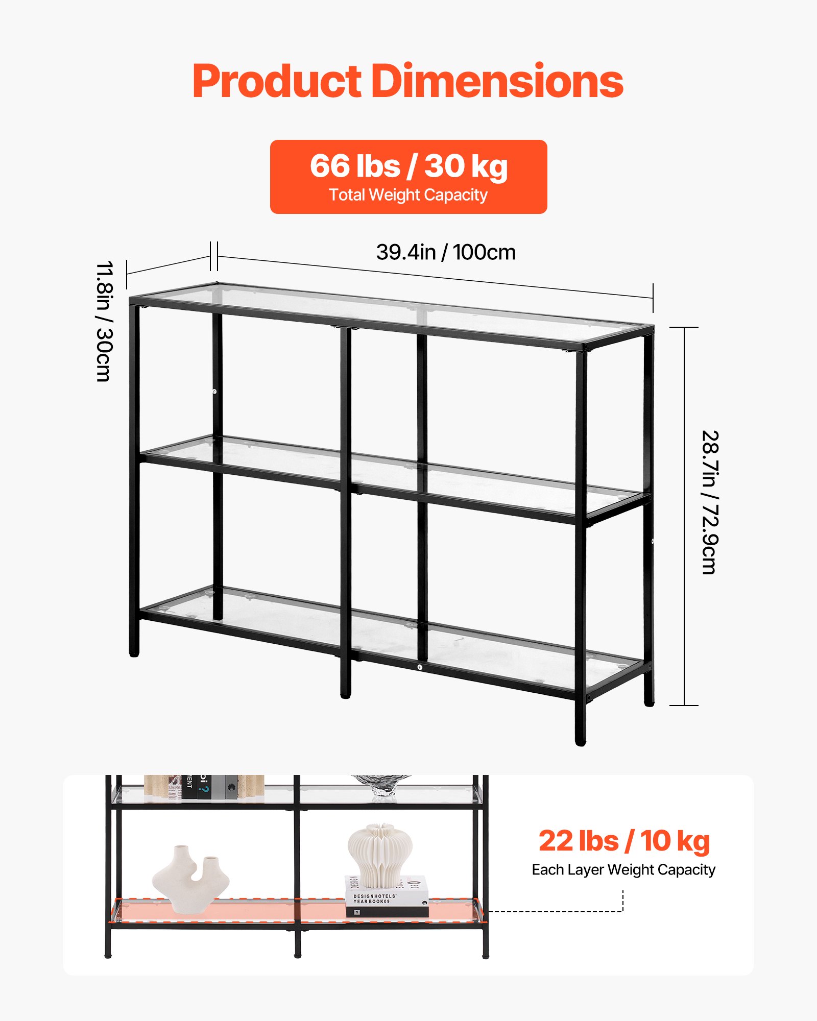 VEVOR Mesa Consola de Vidrio 3 Niveles 100 x 30 x 72,9 cm Mesa Auxiliar Rectangular para Sofá con Tablero de Vidrio Templado, Patas de Hierro para Sala de estar, Pasillo, Entrada, Recibidor, Negro