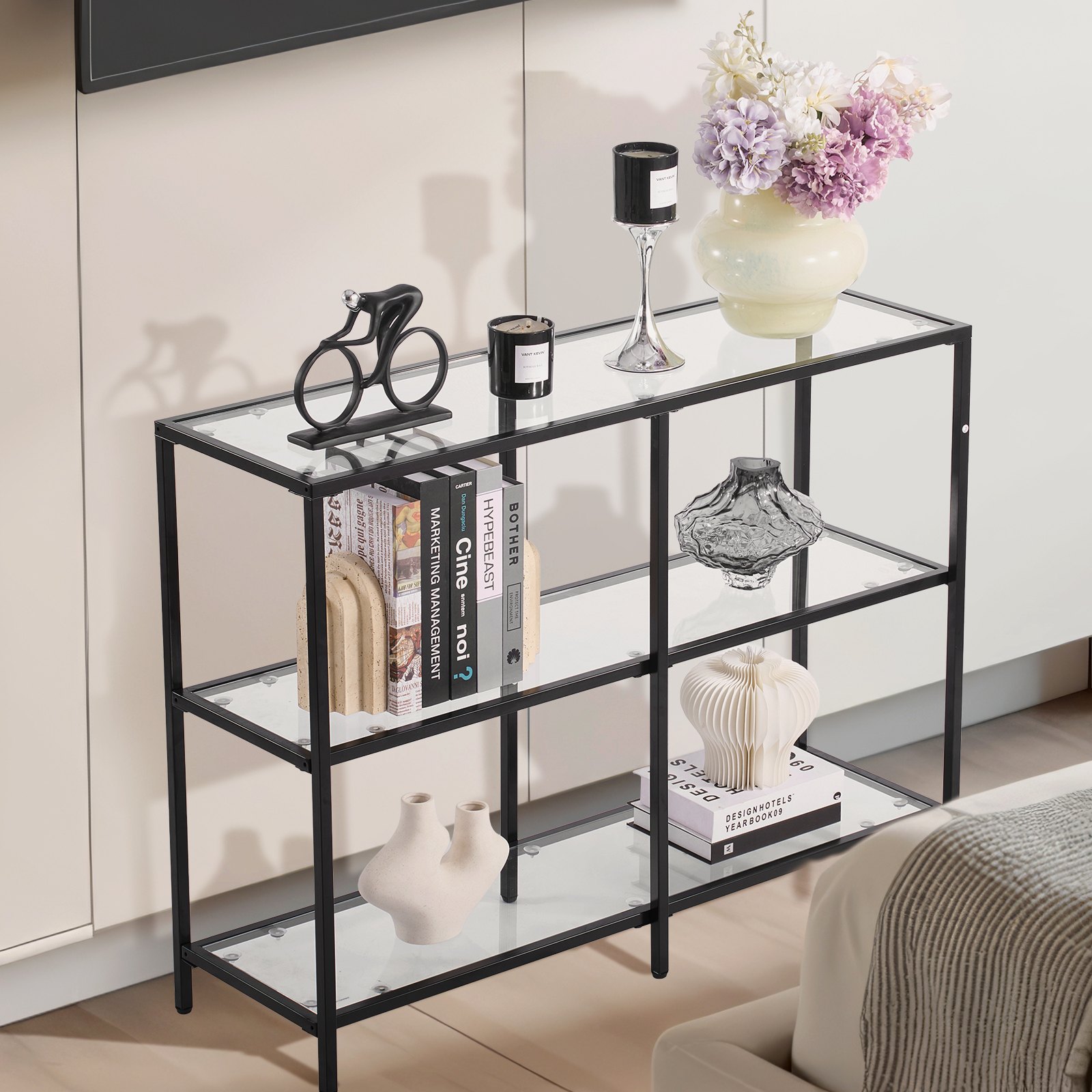 VEVOR Mesa Consola de Vidrio 3 Niveles 100 x 30 x 72,9 cm Mesa Auxiliar Rectangular para Sofá con Tablero de Vidrio Templado, Patas de Hierro para Sala de estar, Pasillo, Entrada, Recibidor, Negro