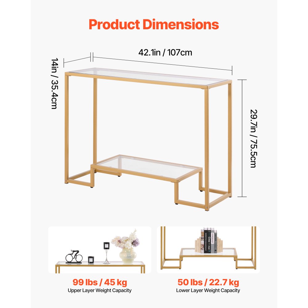 VEVOR Mesa Consola de Vidrio 2 Niveles 107x35,4x75,5 cm Mesa Auxiliar Rectangular para Sofá con Tablero de Vidrio Templado, Patas de Hierro para Sala de estar, Pasillo, Entrada, Recibidor, Dorado