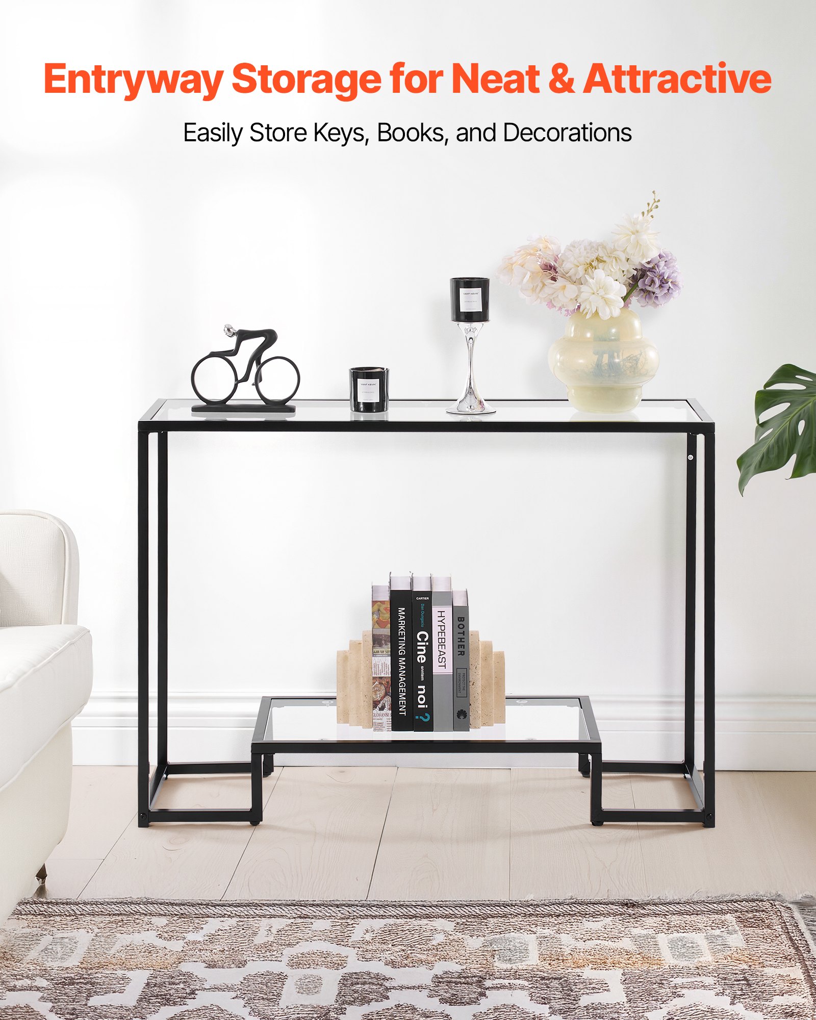VEVOR 2-Tier Glass Console Table, Modern Rectangle Sofa Side Table with Tempered Glass Top and Iron Legs, Golden Consloe Desk with Anti-Tip Device for Living Room, Hallway, Entryway, Foyer, Black