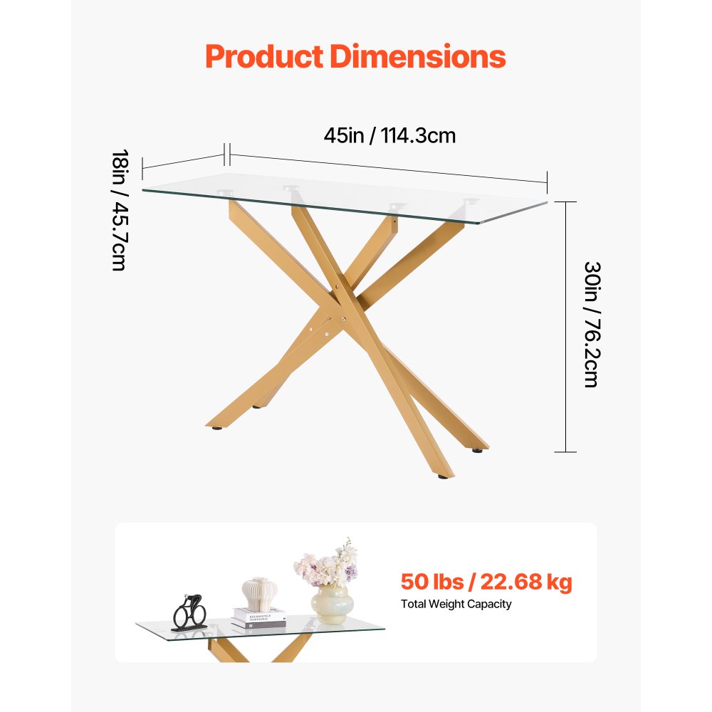 VEVOR Glass Coffee Table, Modern Rectangle Sofa Side Table with Tempered Glass Top & Iron Cross-Legs, Golden Geometric Consloe Desk with Adjustable Anti-slip Foot Pads for Living Room, Entryway, Foyer