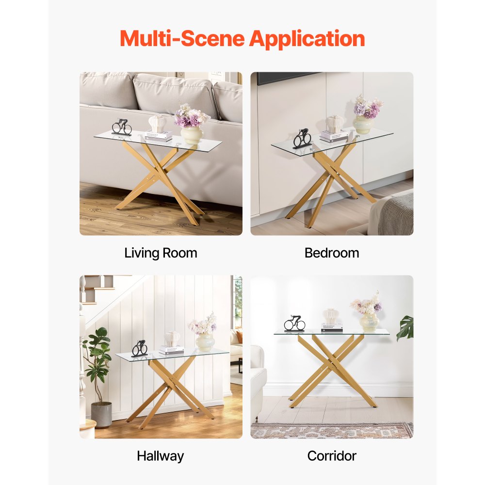 VEVOR Glass Coffee Table, Modern Rectangle Sofa Side Table with Tempered Glass Top & Iron Cross-Legs, Golden Geometric Consloe Desk with Adjustable Anti-slip Foot Pads for Living Room, Entryway, Foyer