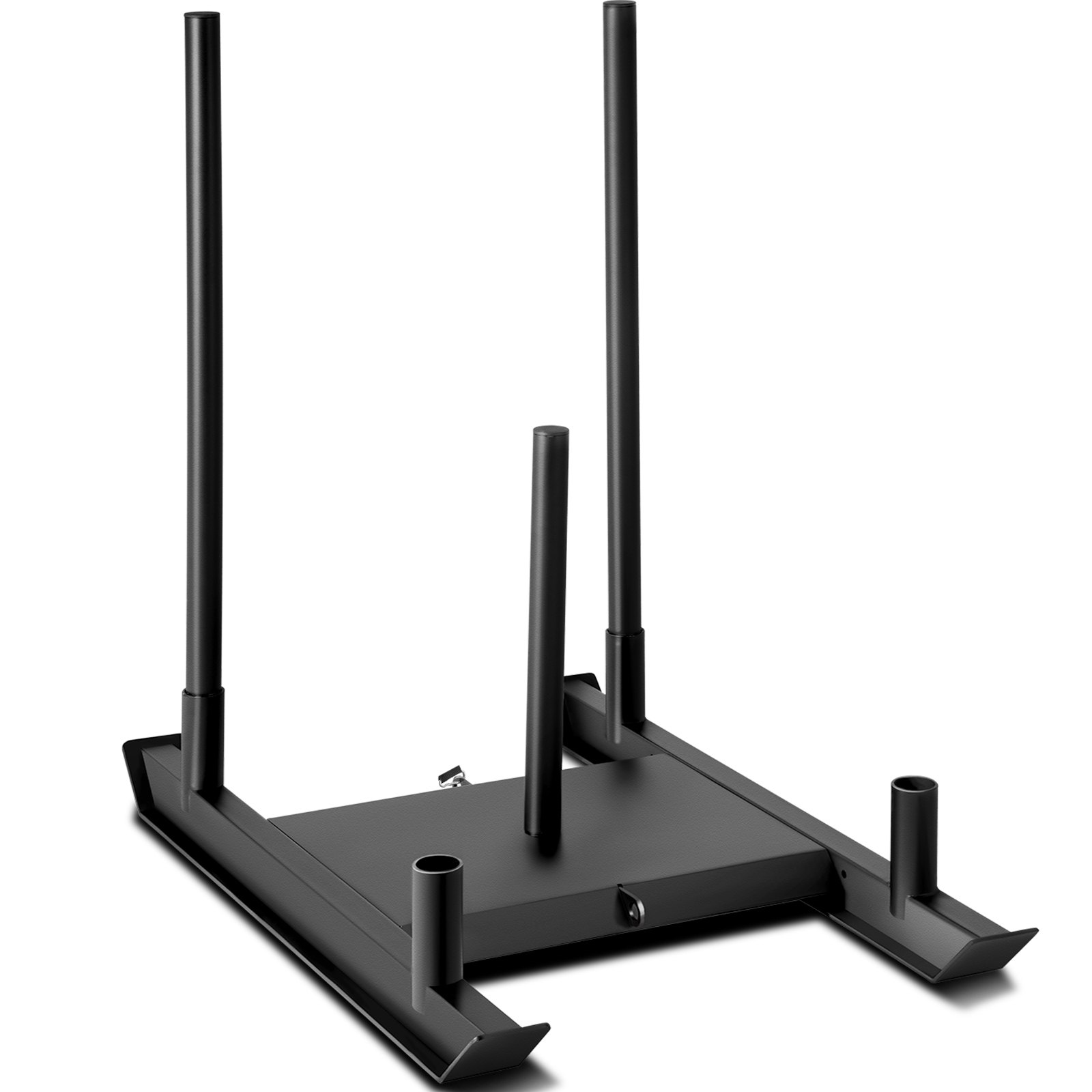 Trineo de pesas VEVOR negro con cuatro postes verticales y base de metal resistente.