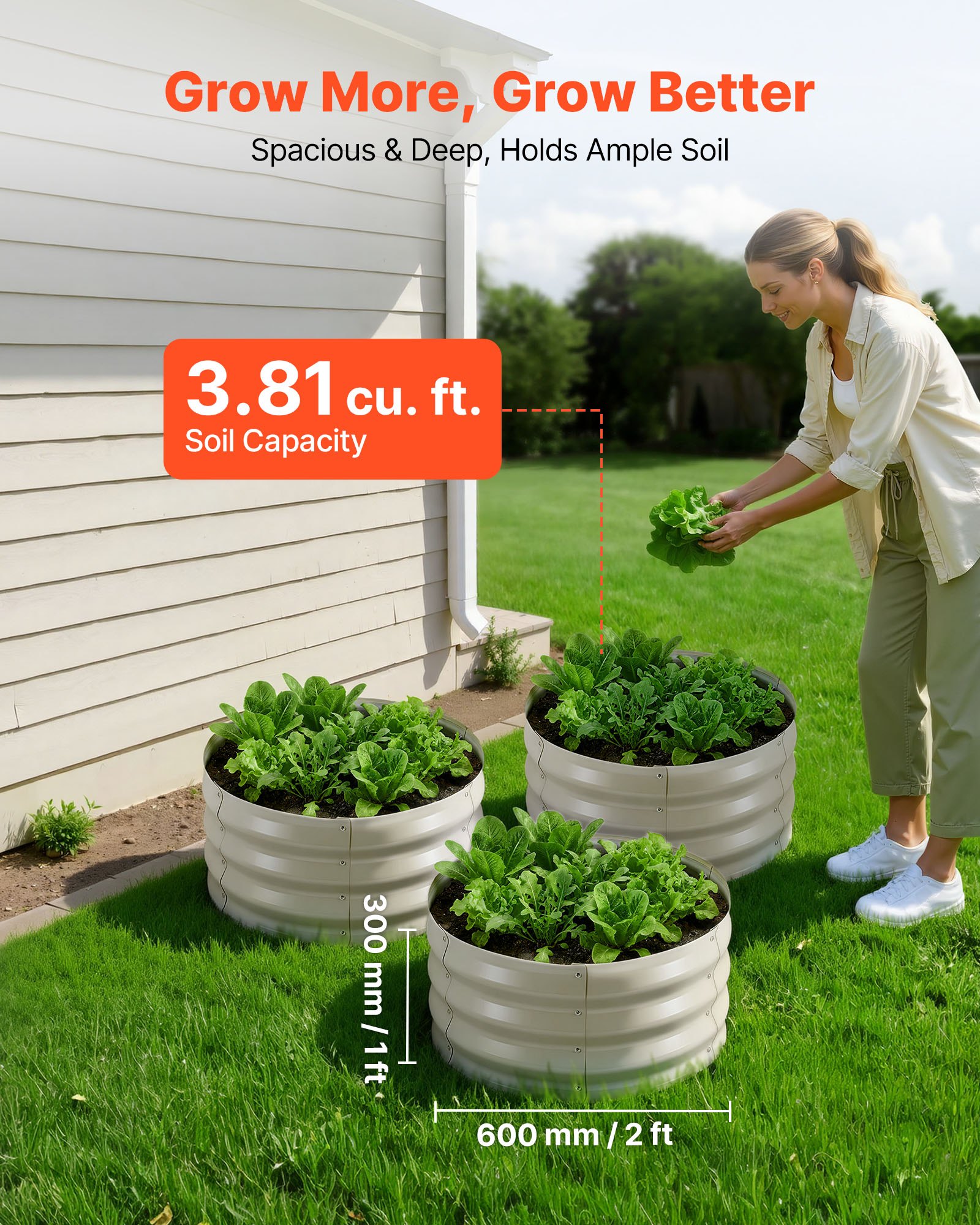 VEVOR Cama Elevada de Jardín 60 x 60 x 30 cm Ovalada, Arriate de Jardín de Metal con Base Abierta, para Cultivo de Flores Plantas Verduras con Accesorios para Patio Balcón Terraza, 3 Piezas, Beige