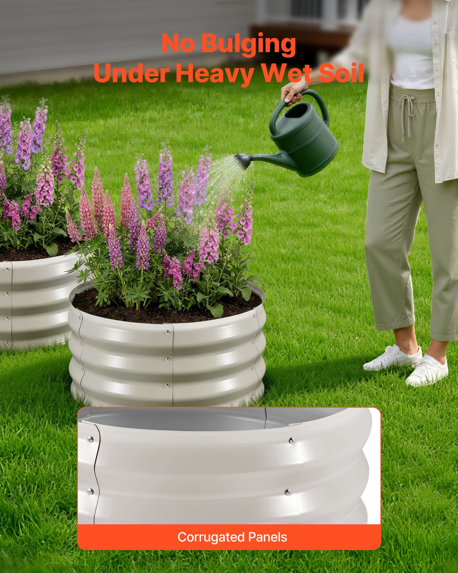 VEVOR Cama Elevada de Jardín 60 x 60 x 30 cm Ovalada, Arriate de Jardín de Metal con Base Abierta, para Cultivo de Flores Plantas Verduras con Accesorios para Patio Balcón Terraza, 3 Piezas, Beige