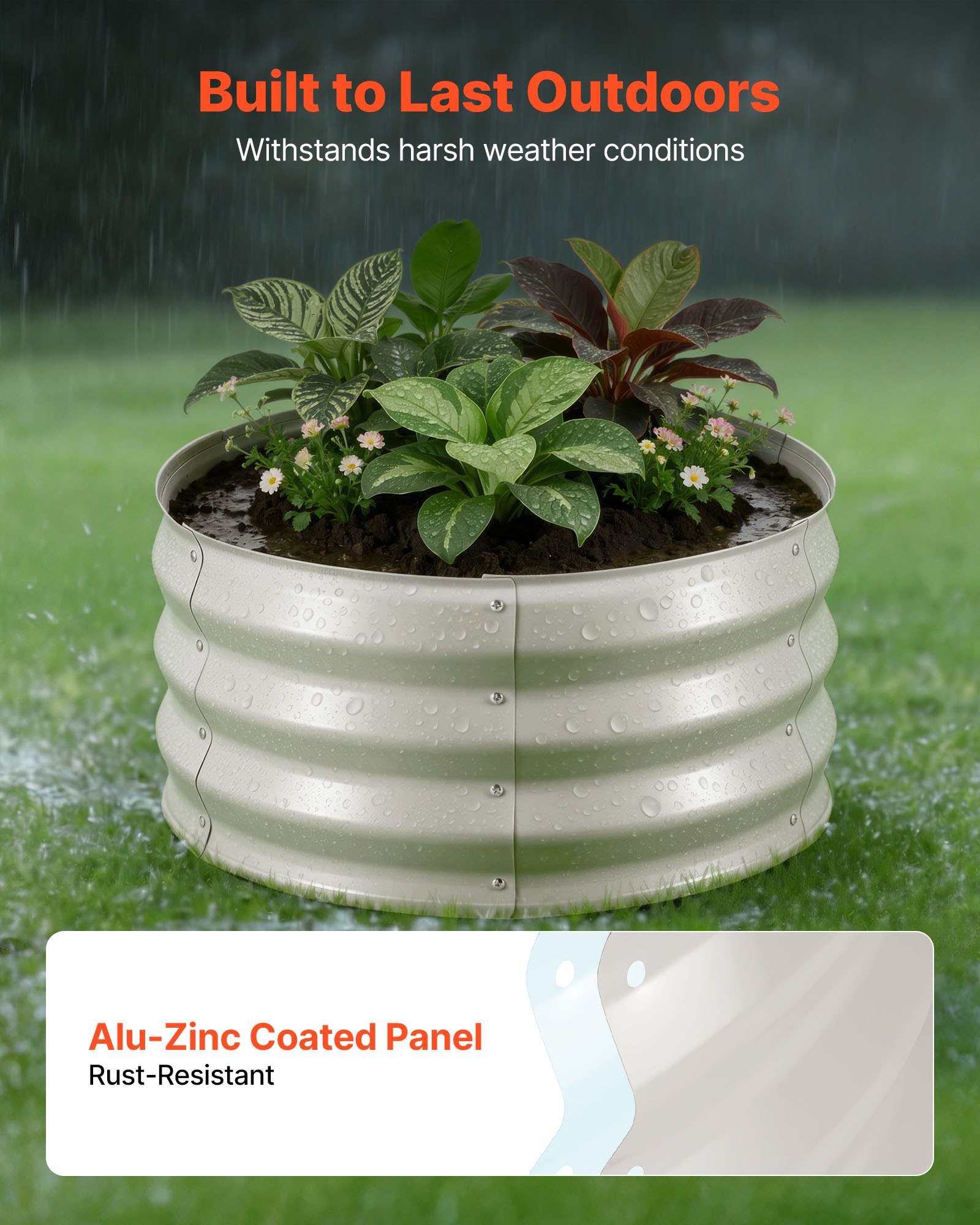 VEVOR Cama Elevada de Jardín 60 x 60 x 30 cm Ovalada, Arriate de Jardín de Metal con Base Abierta, para Cultivo de Flores Plantas Verduras con Accesorios para Patio Balcón Terraza, 3 Piezas, Beige