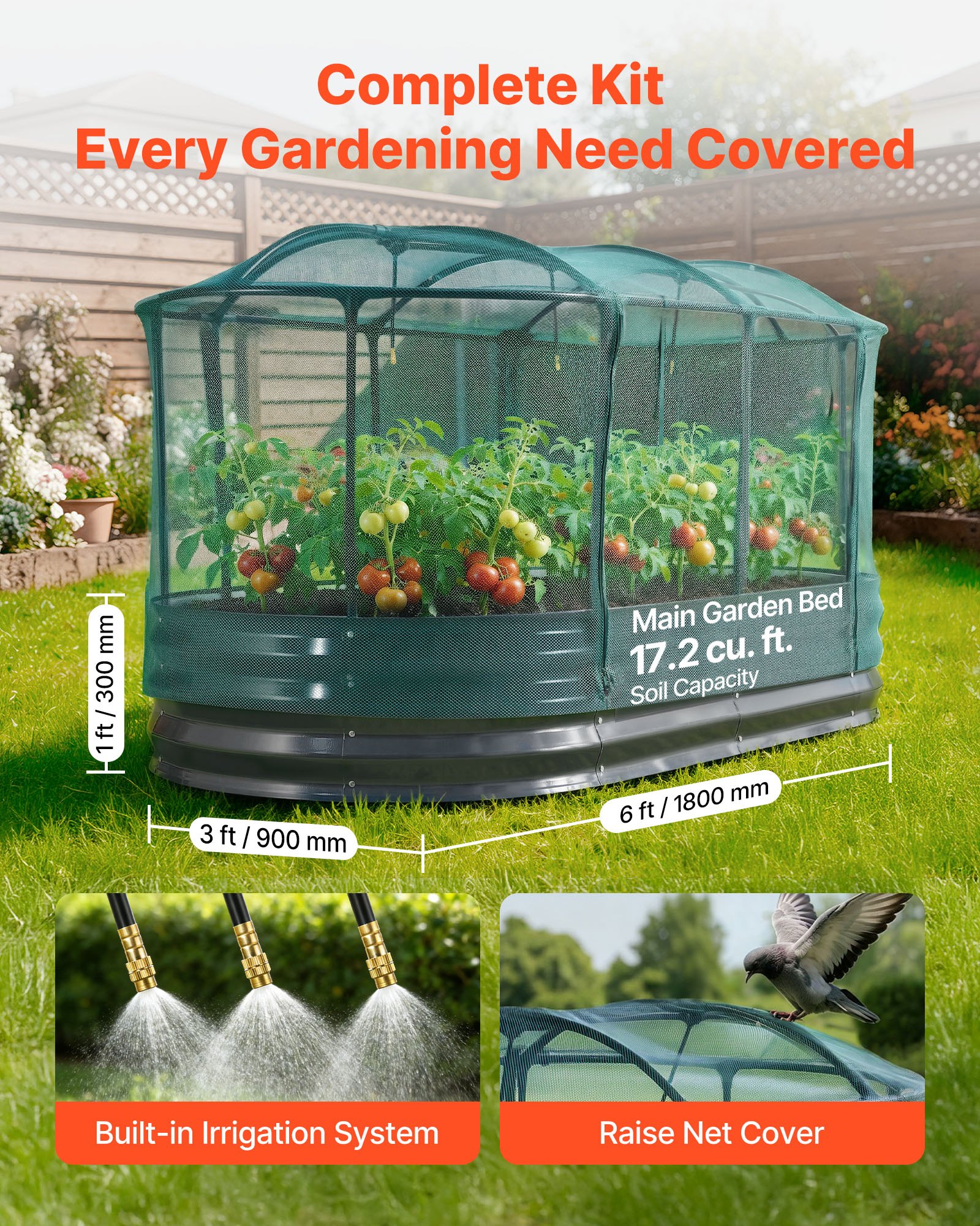 VEVOR Cama Elevada de Jardín 180 x 90 x 30 cm Ovalada con Riego Automático, Arriate de Jardín de Metal con Base Abierta, para Cultivo de Flores Plantas Verduras con Accesorios para Patio Balcón