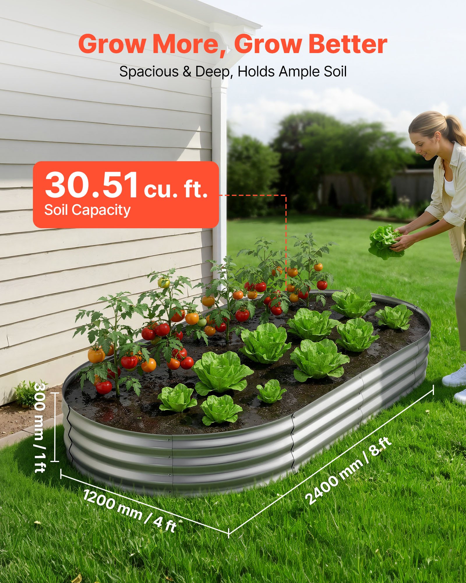 VEVOR Cama Elevada de Jardín 240 x 120 x 30 cm Ovalada, Arriate de Jardín de Metal con Fondo Abierto, para Cultivo de Flores Plantas Verduras con Accesorios para Patio, Balcón, Terraza, Plateado