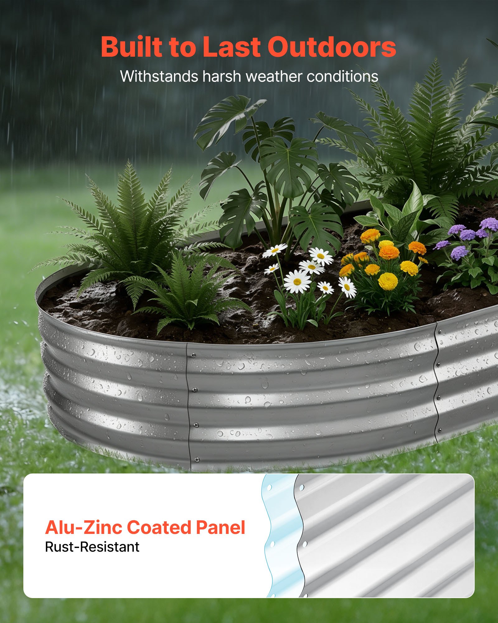 VEVOR Cama Elevada de Jardín 240 x 120 x 30 cm Ovalada, Arriate de Jardín de Metal con Fondo Abierto, para Cultivo de Flores Plantas Verduras con Accesorios para Patio, Balcón, Terraza, Plateado