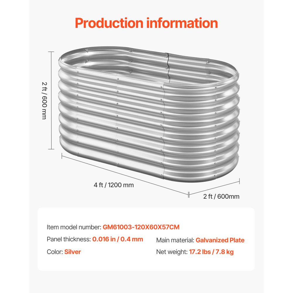 VEVOR Cama Elevada de Jardín 120 x 60 x 60 cm Ovalada, Jardinería Elevada de Metal con Base Abierta para Cultivo de Flores Plantas Hierbas Huerto con Accesorios para Jardín Terraza Patio Balcón